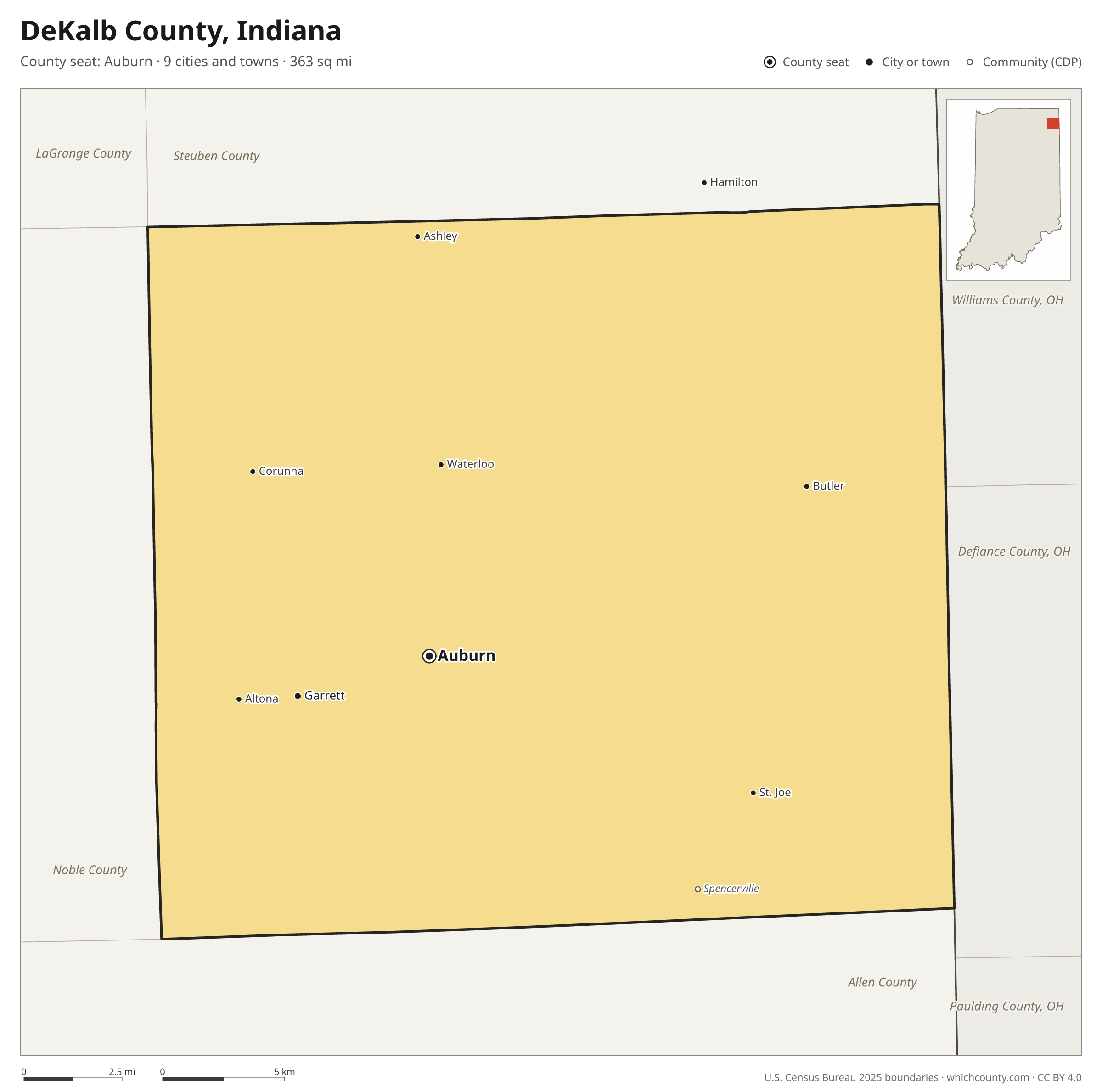 Map of DeKalb County, Indiana with cities, towns and the county boundary