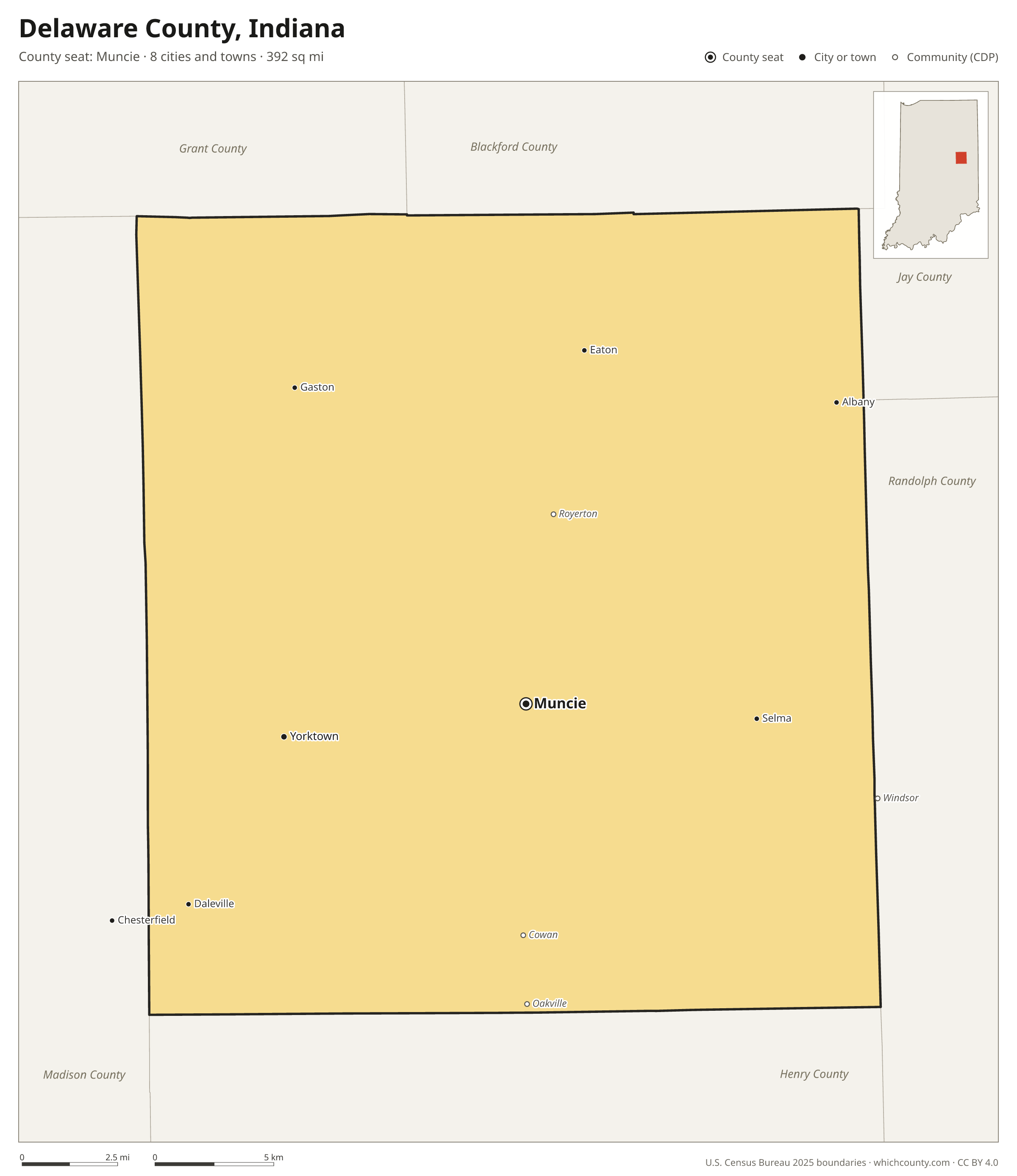 Map of Delaware County, Indiana with cities, towns and the county boundary