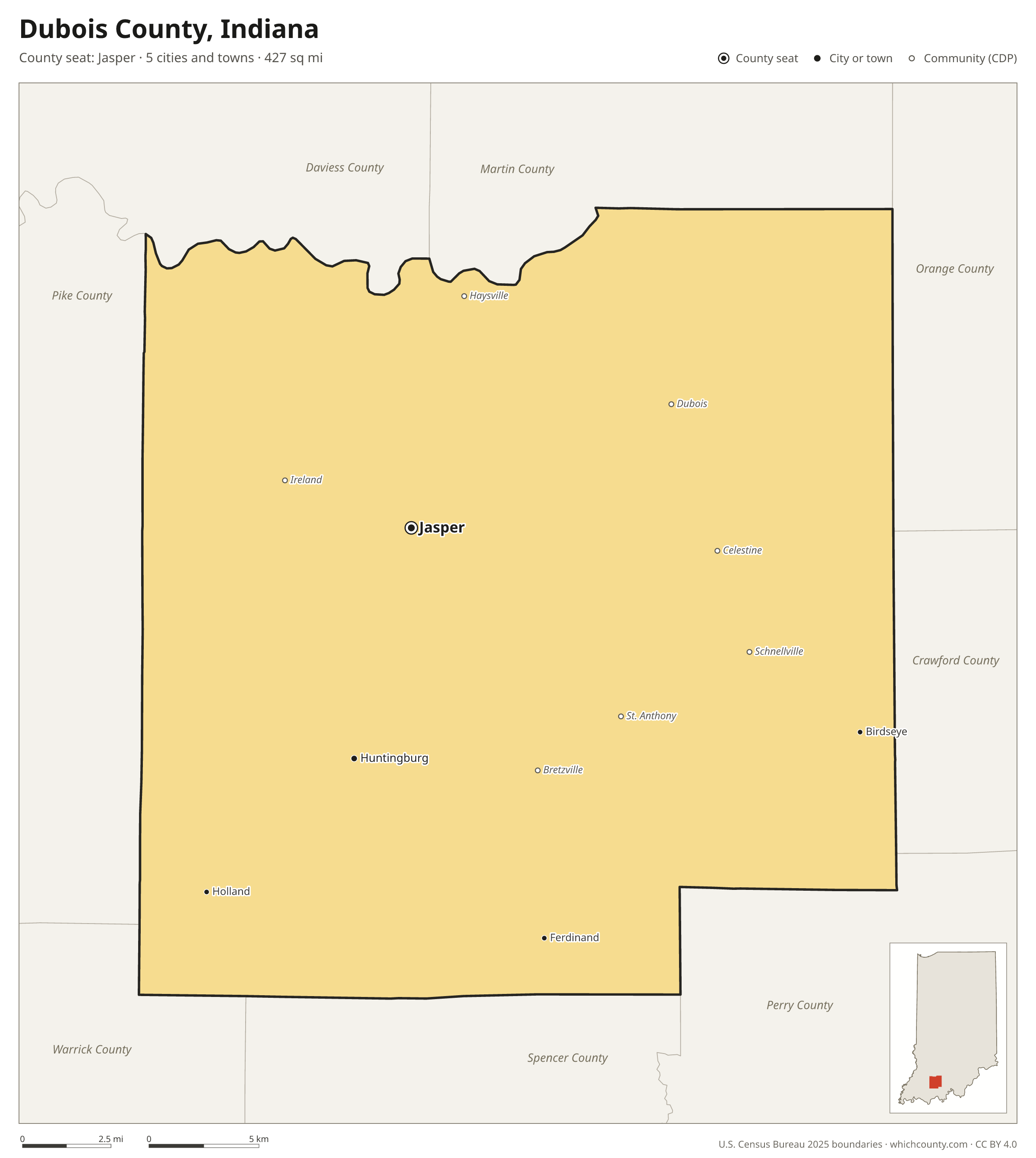 Map of Dubois County, Indiana with cities, towns and the county boundary