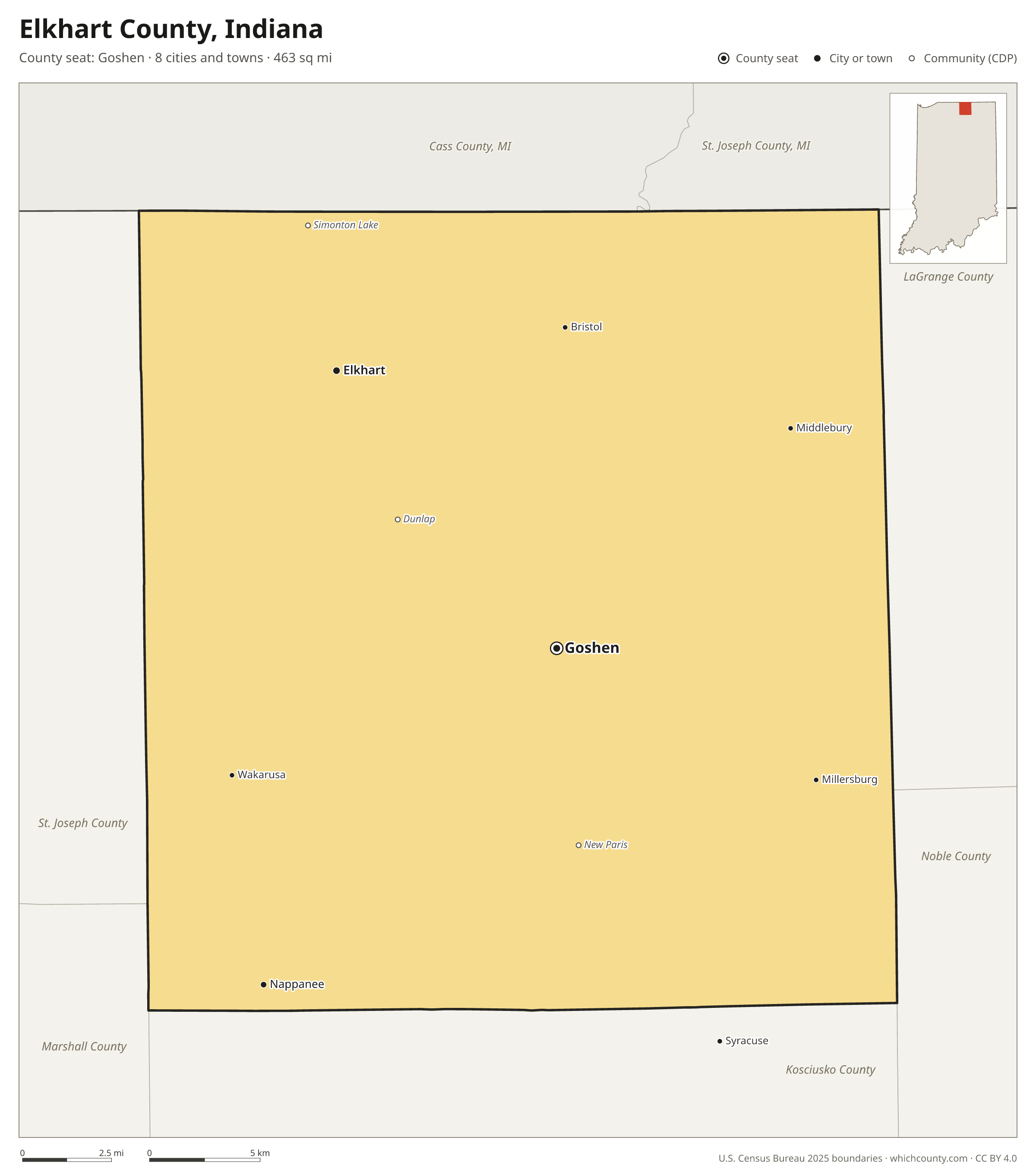 Map of Elkhart County, Indiana with cities, towns and the county boundary