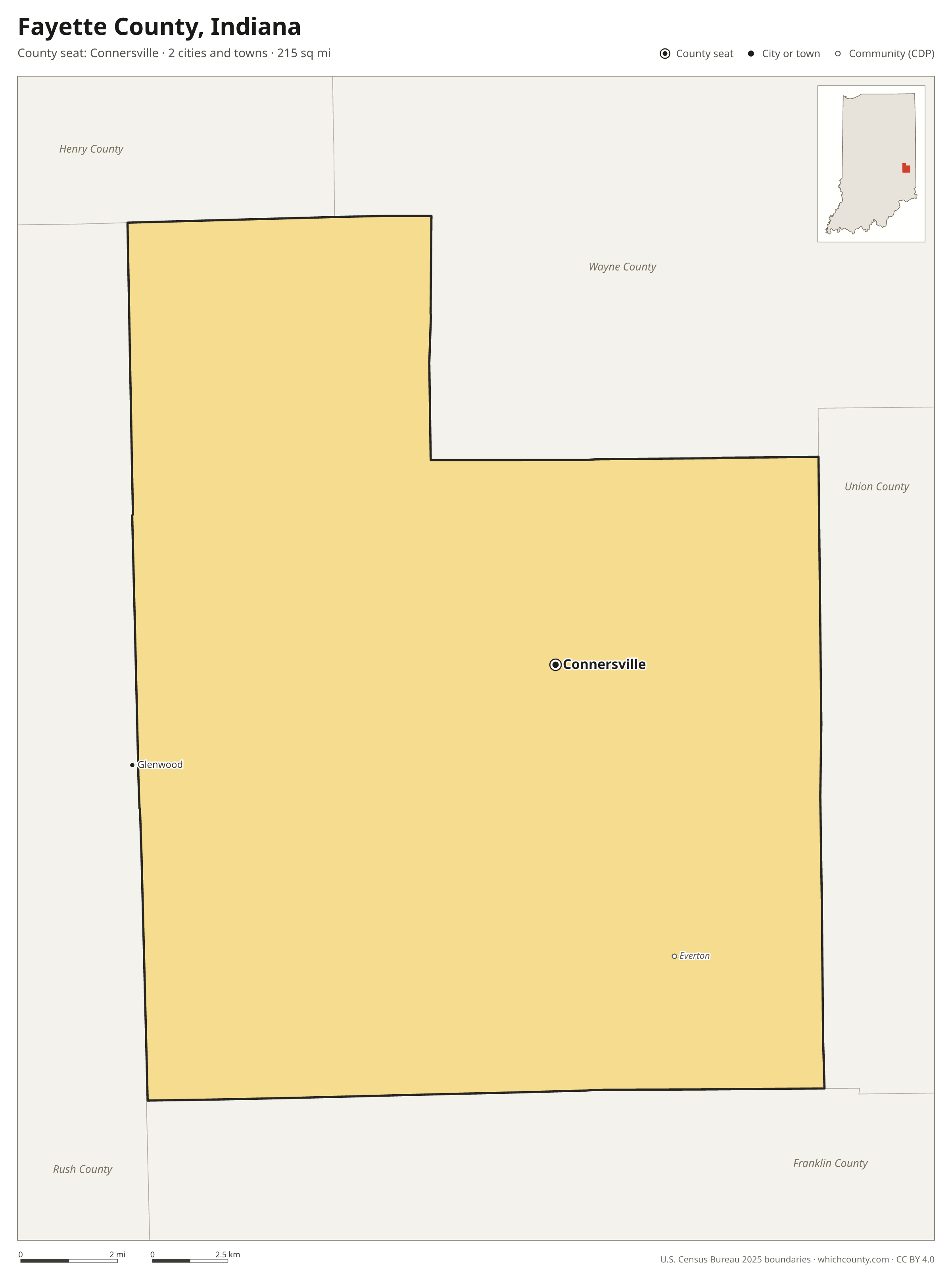 Map of Fayette County, Indiana with cities, towns and the county boundary