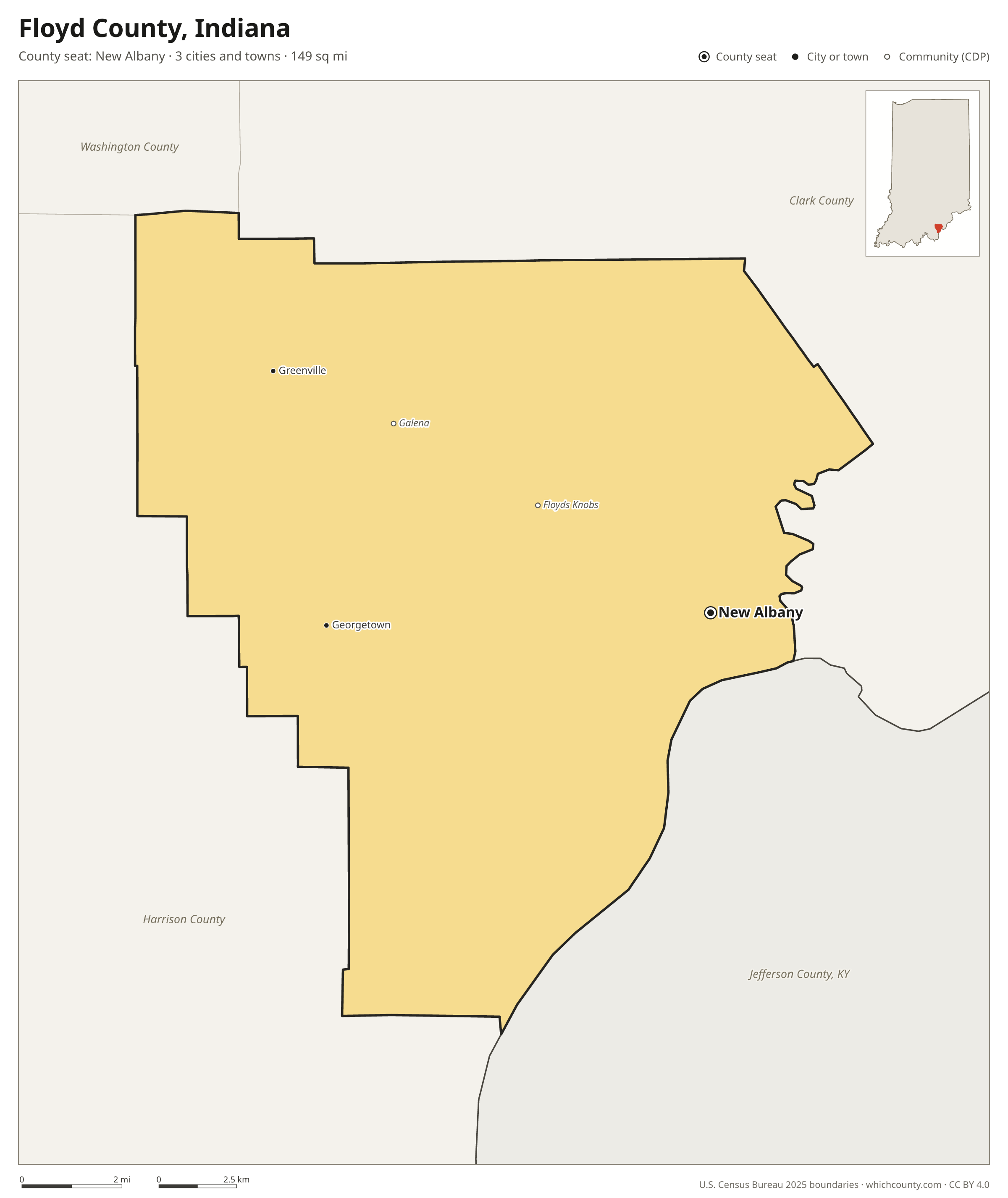 Map of Floyd County, Indiana with cities, towns and the county boundary