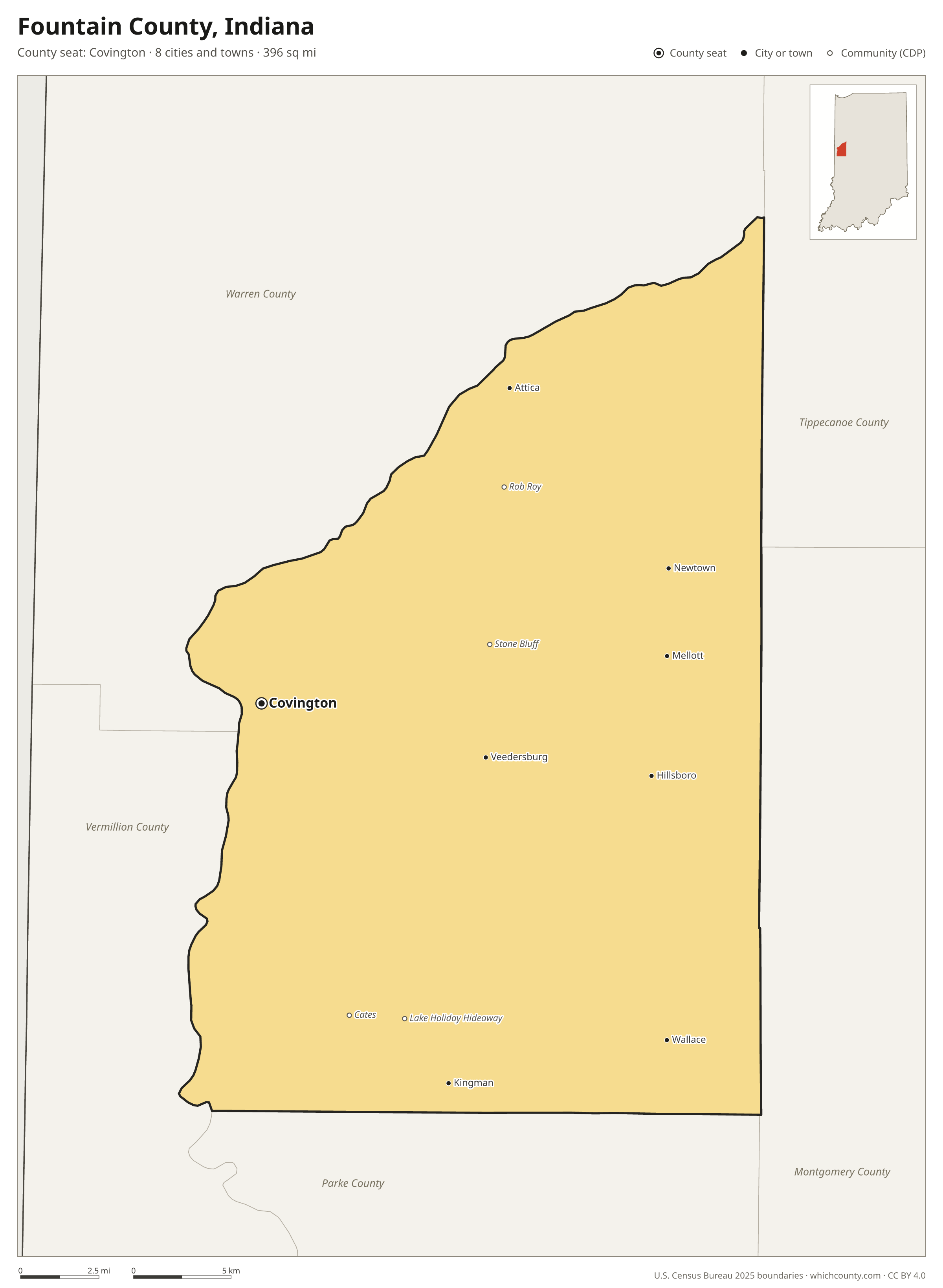 Map of Fountain County, Indiana with cities, towns and the county boundary