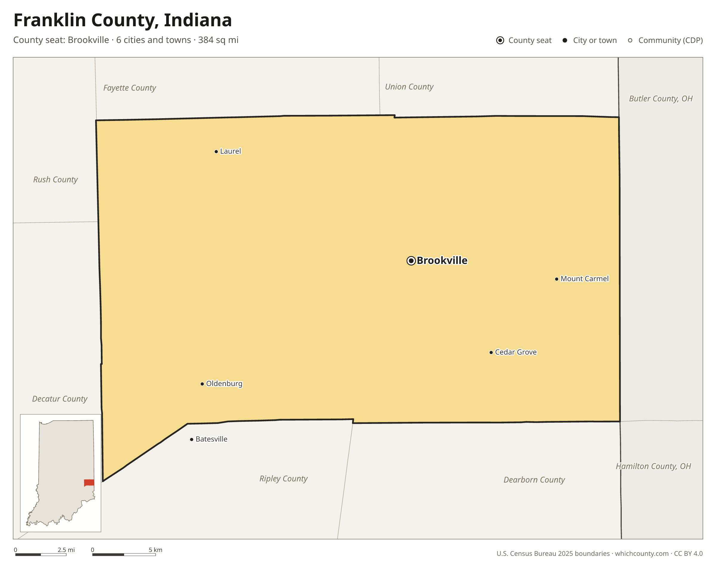 Map of Franklin County, Indiana with cities, towns and the county boundary