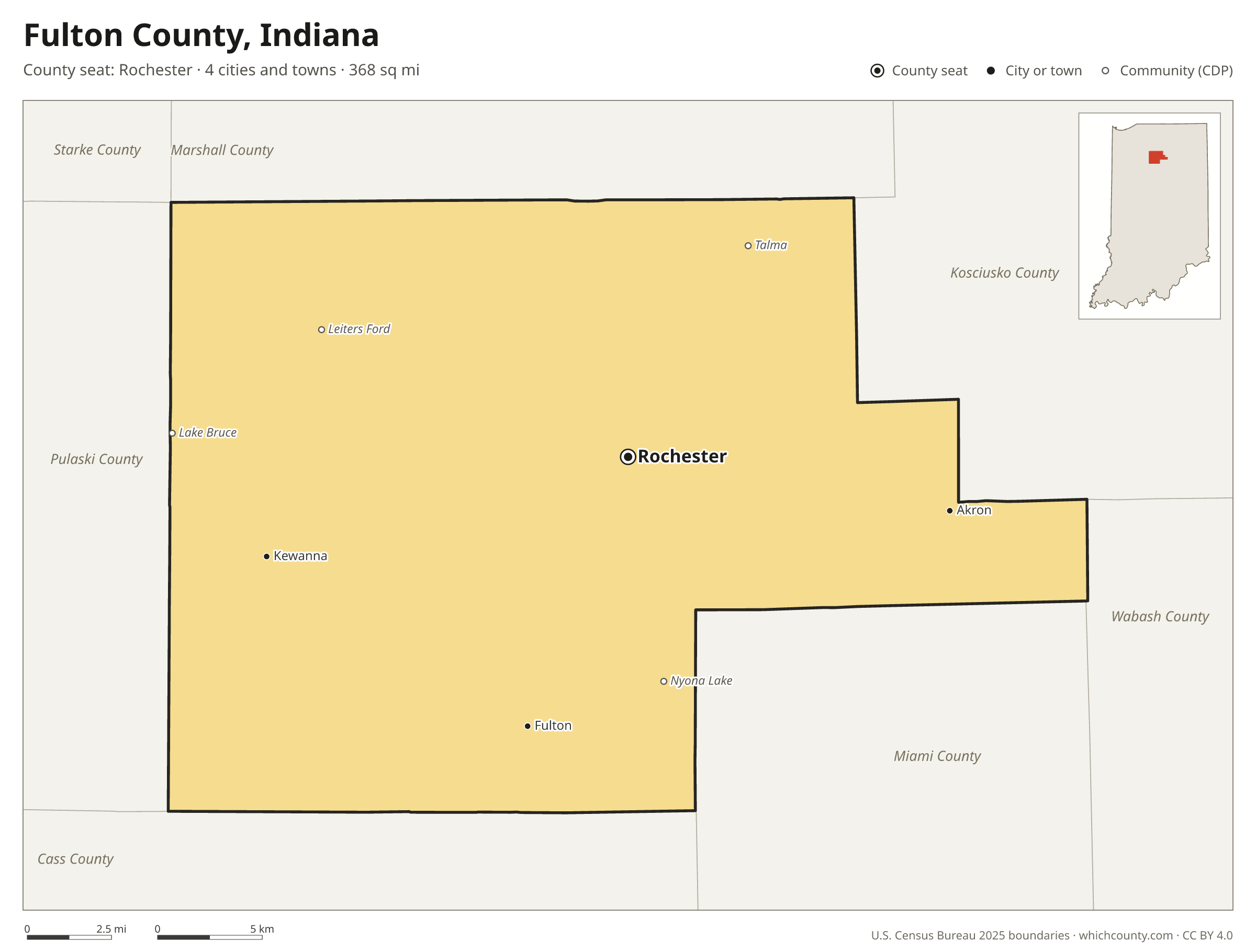 Map of Fulton County, Indiana with cities, towns and the county boundary