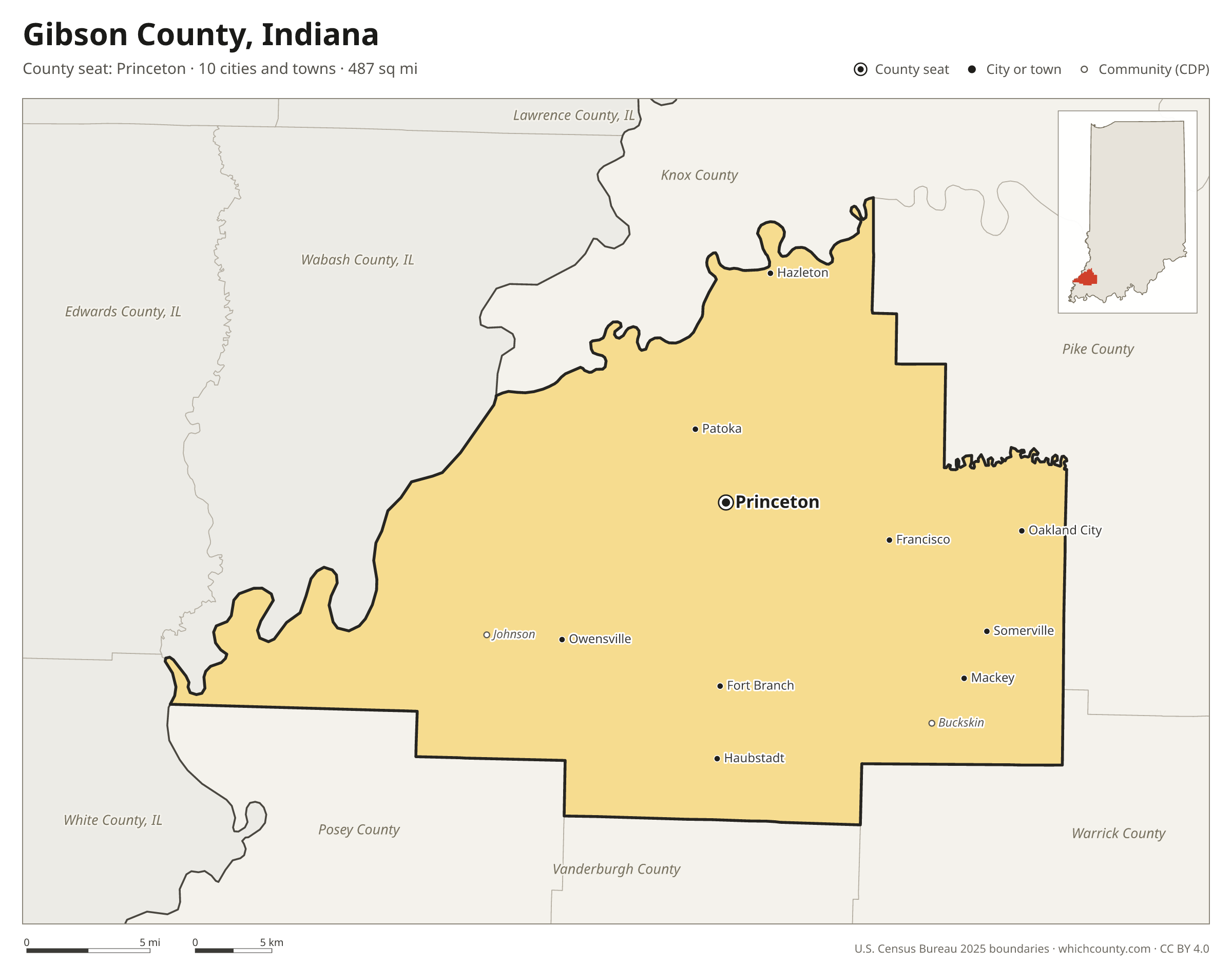 Map of Gibson County, Indiana with cities, towns and the county boundary