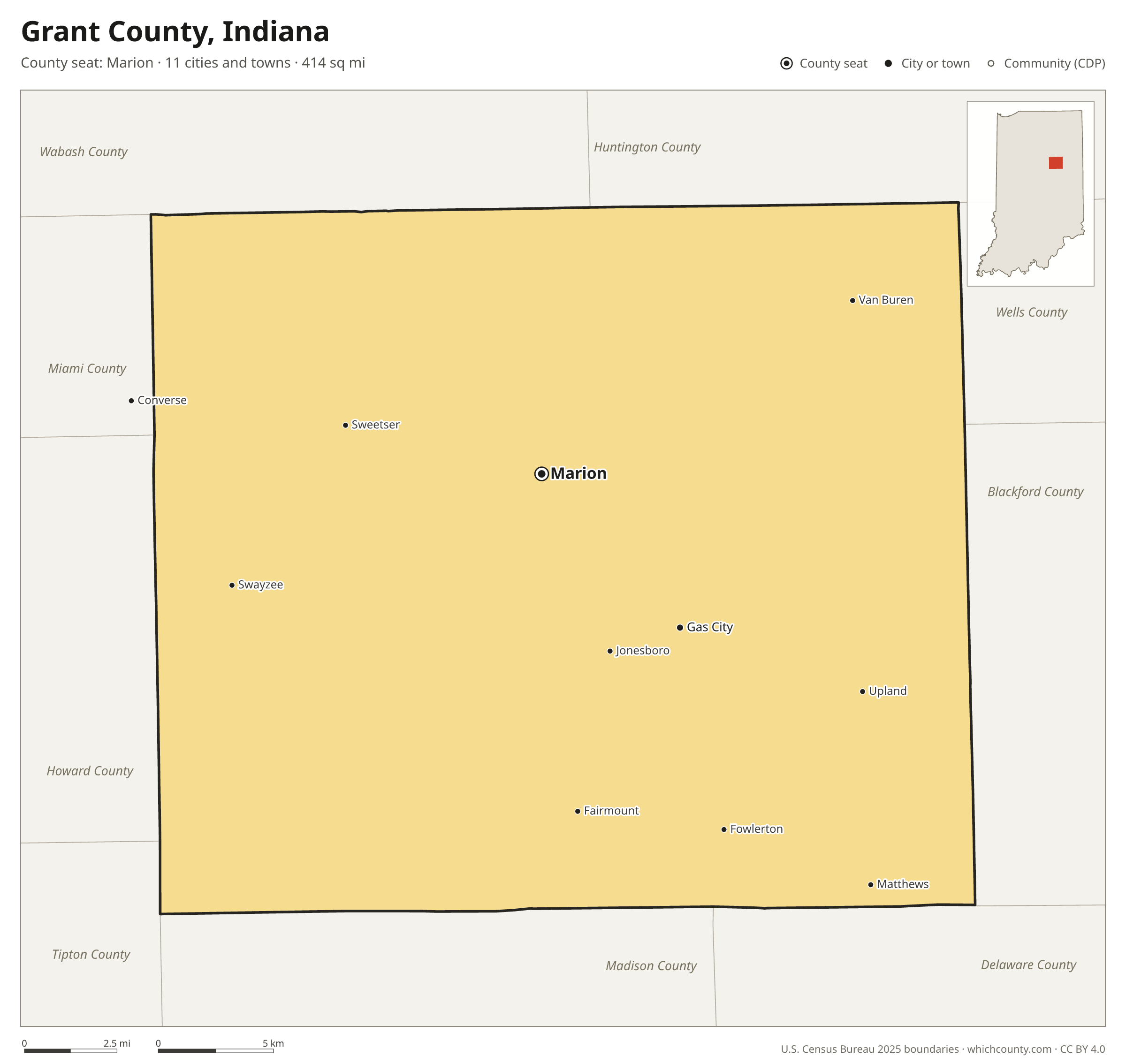 Map of Grant County, Indiana with cities, towns and the county boundary