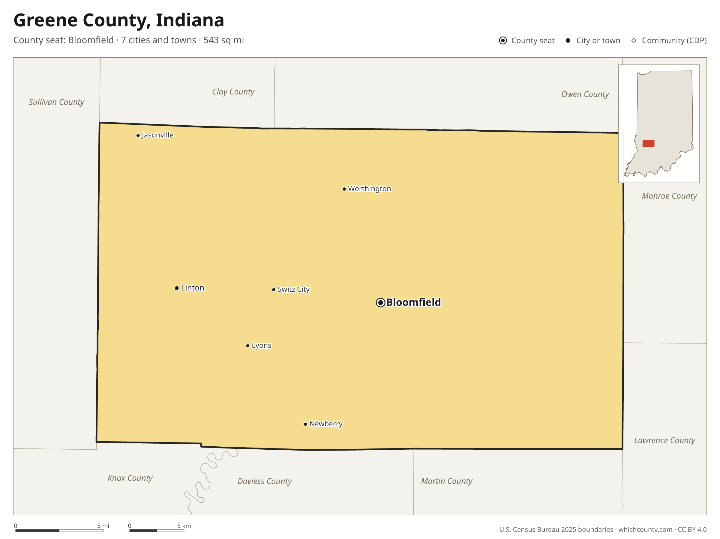 Map of Greene County, Indiana with cities, towns and the county boundary
