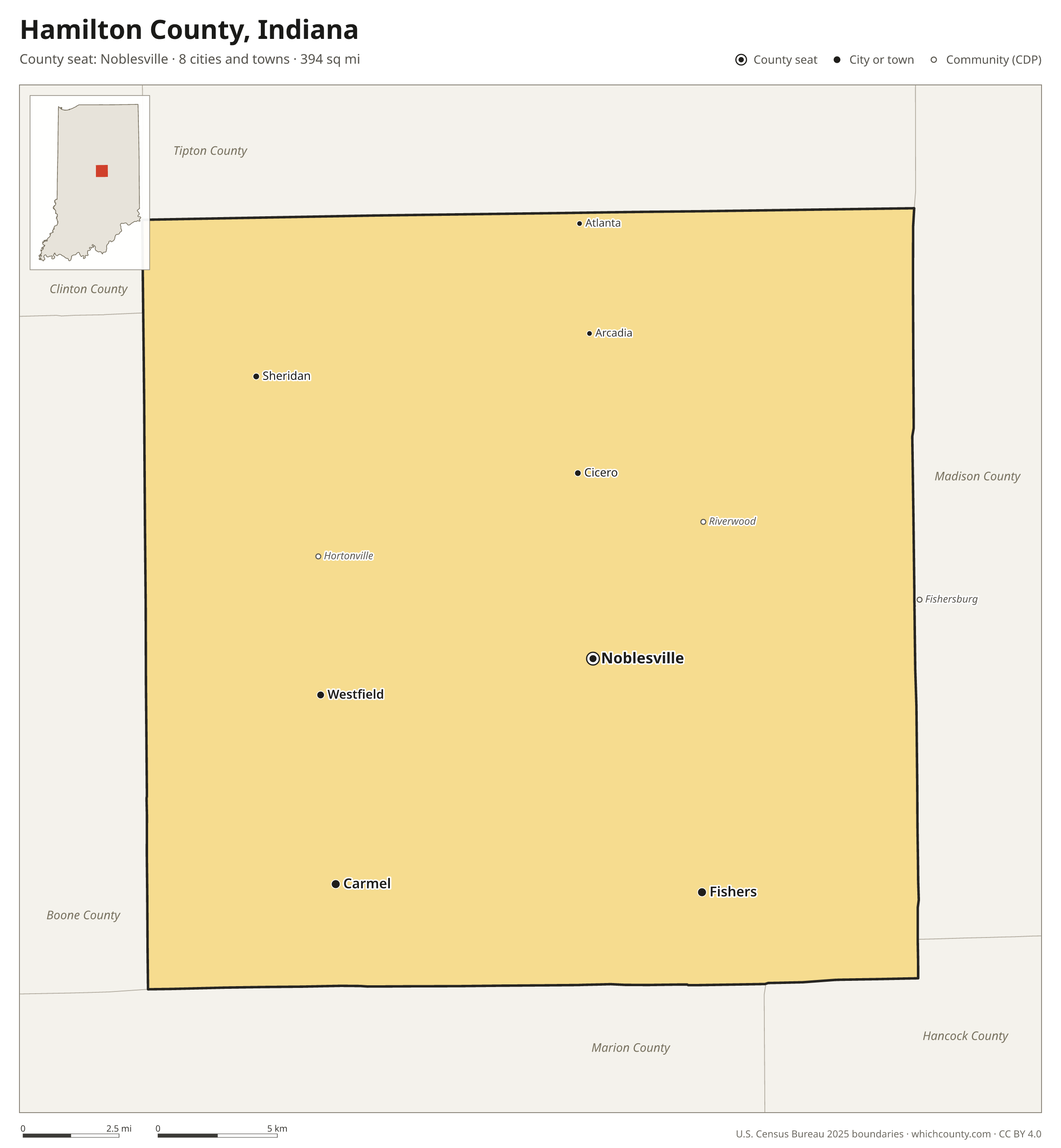 Map of Hamilton County, Indiana with cities, towns and the county boundary