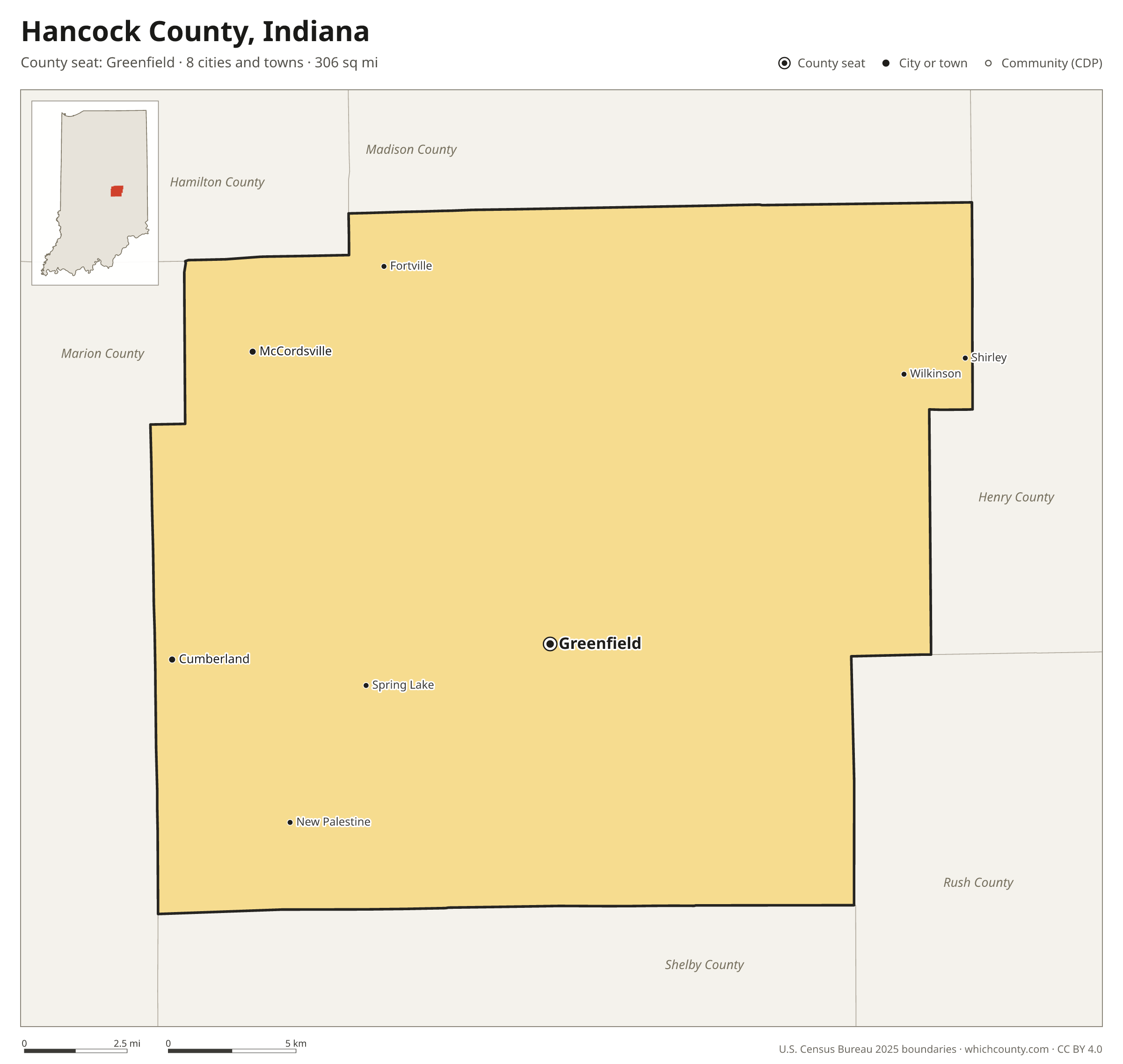 Map of Hancock County, Indiana with cities, towns and the county boundary