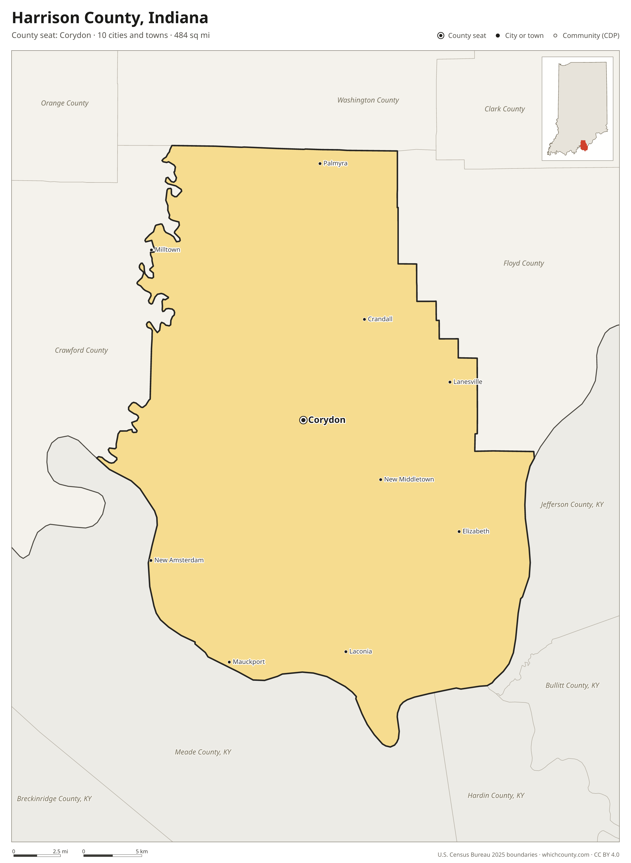 Map of Harrison County, Indiana with cities, towns and the county boundary