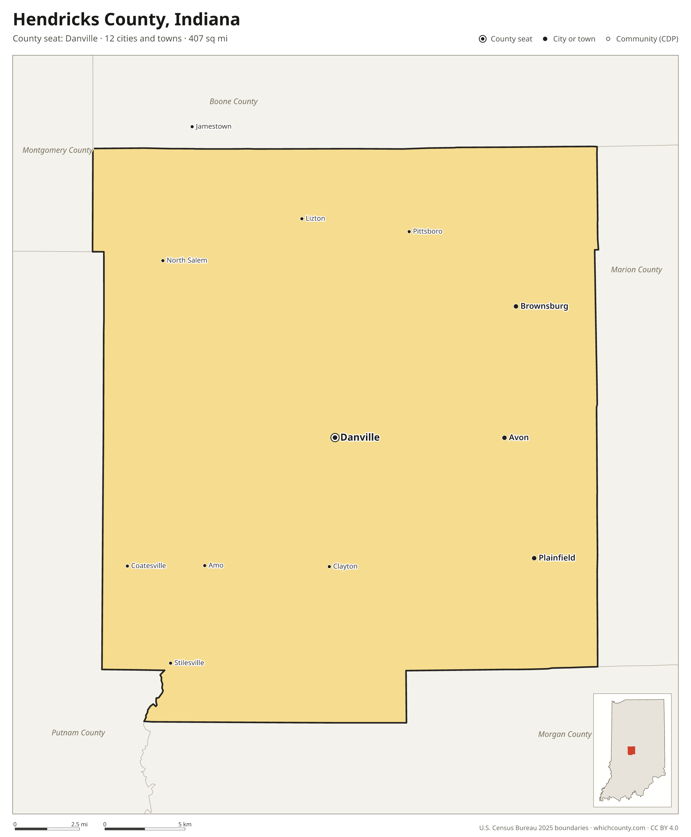 Map of Hendricks County, Indiana with cities, towns and the county boundary