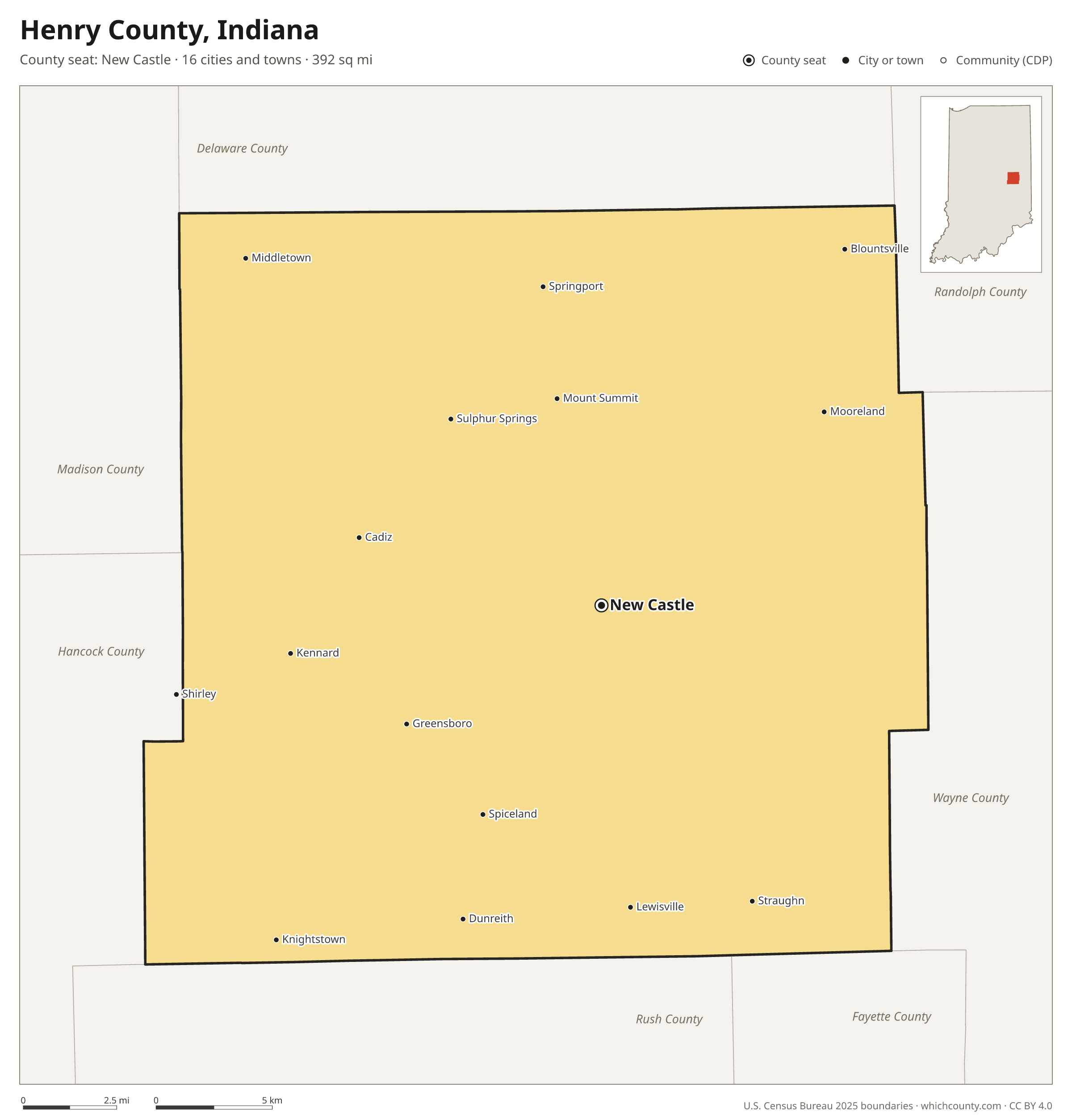 Map of Henry County, Indiana with cities, towns and the county boundary