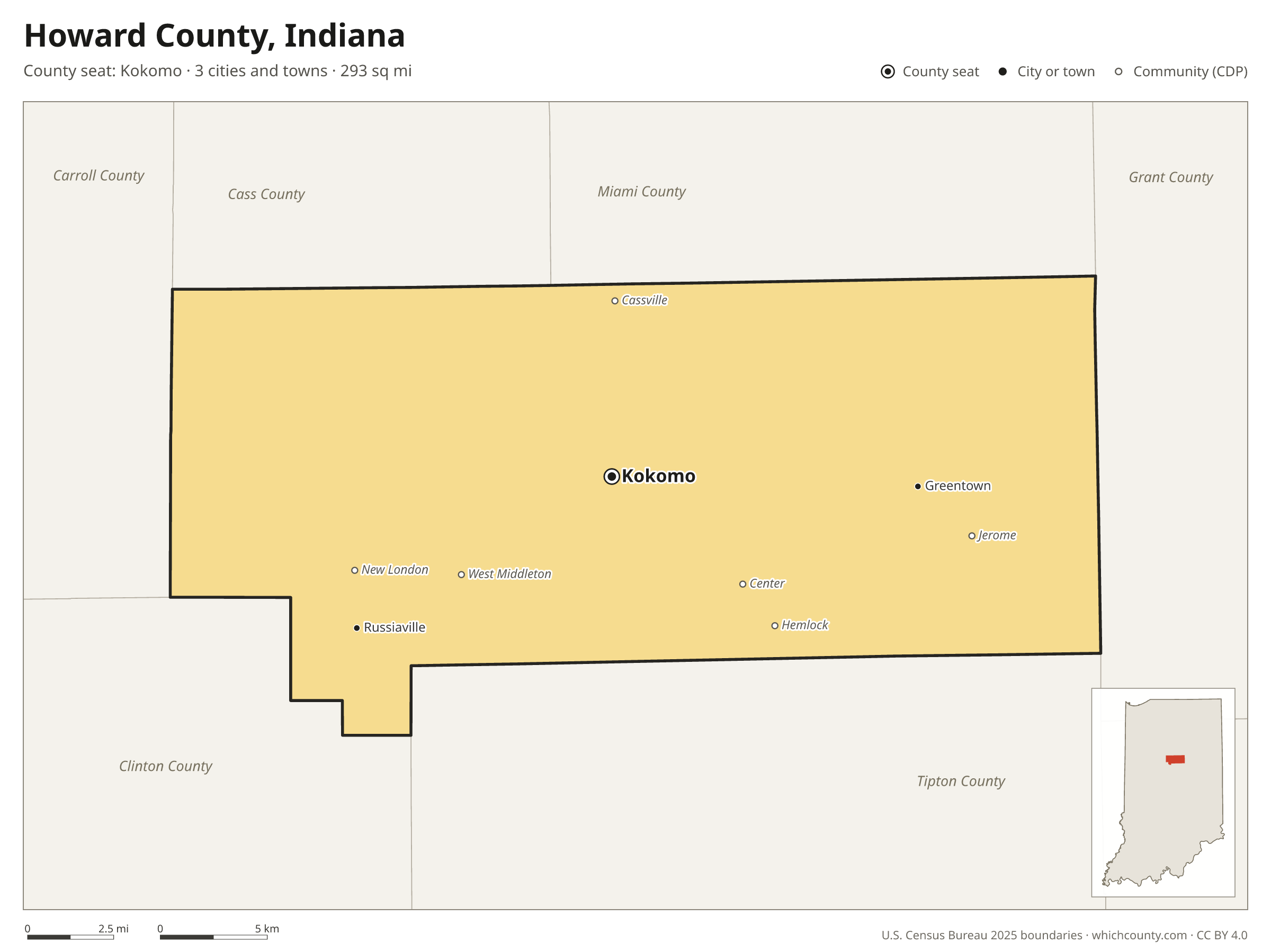 Map of Howard County, Indiana with cities, towns and the county boundary