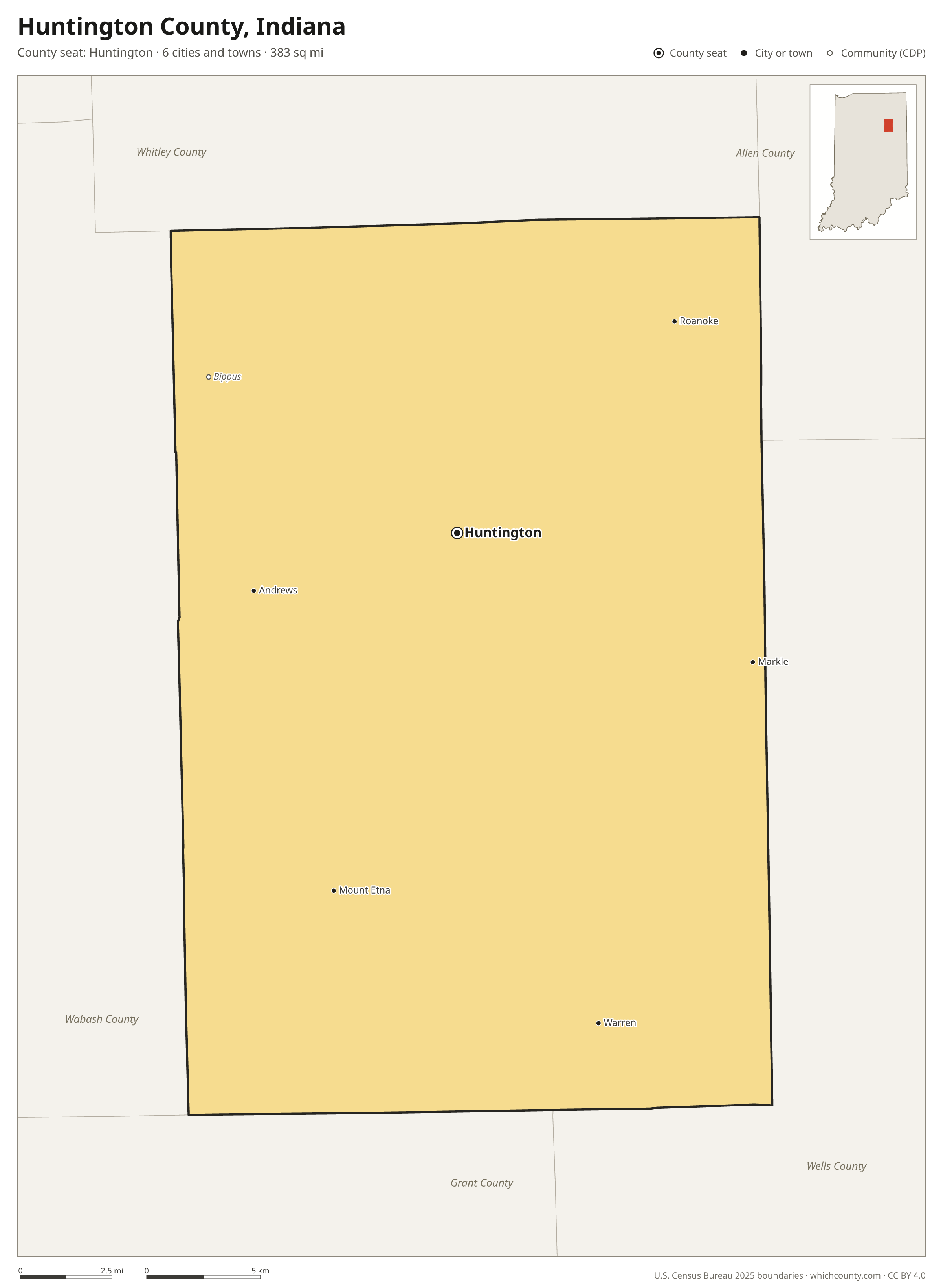 Map of Huntington County, Indiana with cities, towns and the county boundary