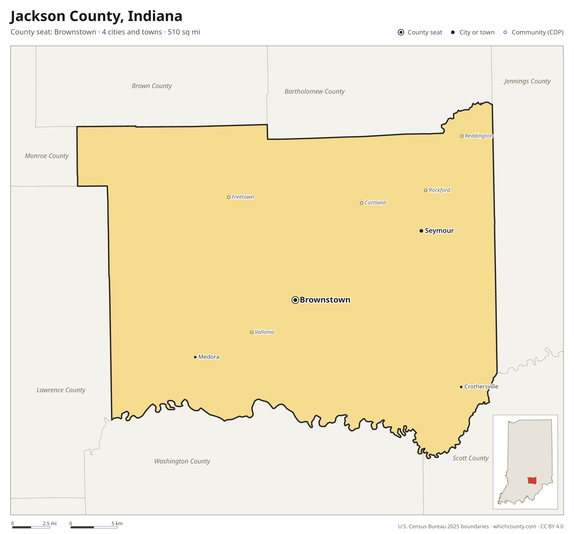 Map of Jackson County, Indiana with cities, towns and the county boundary