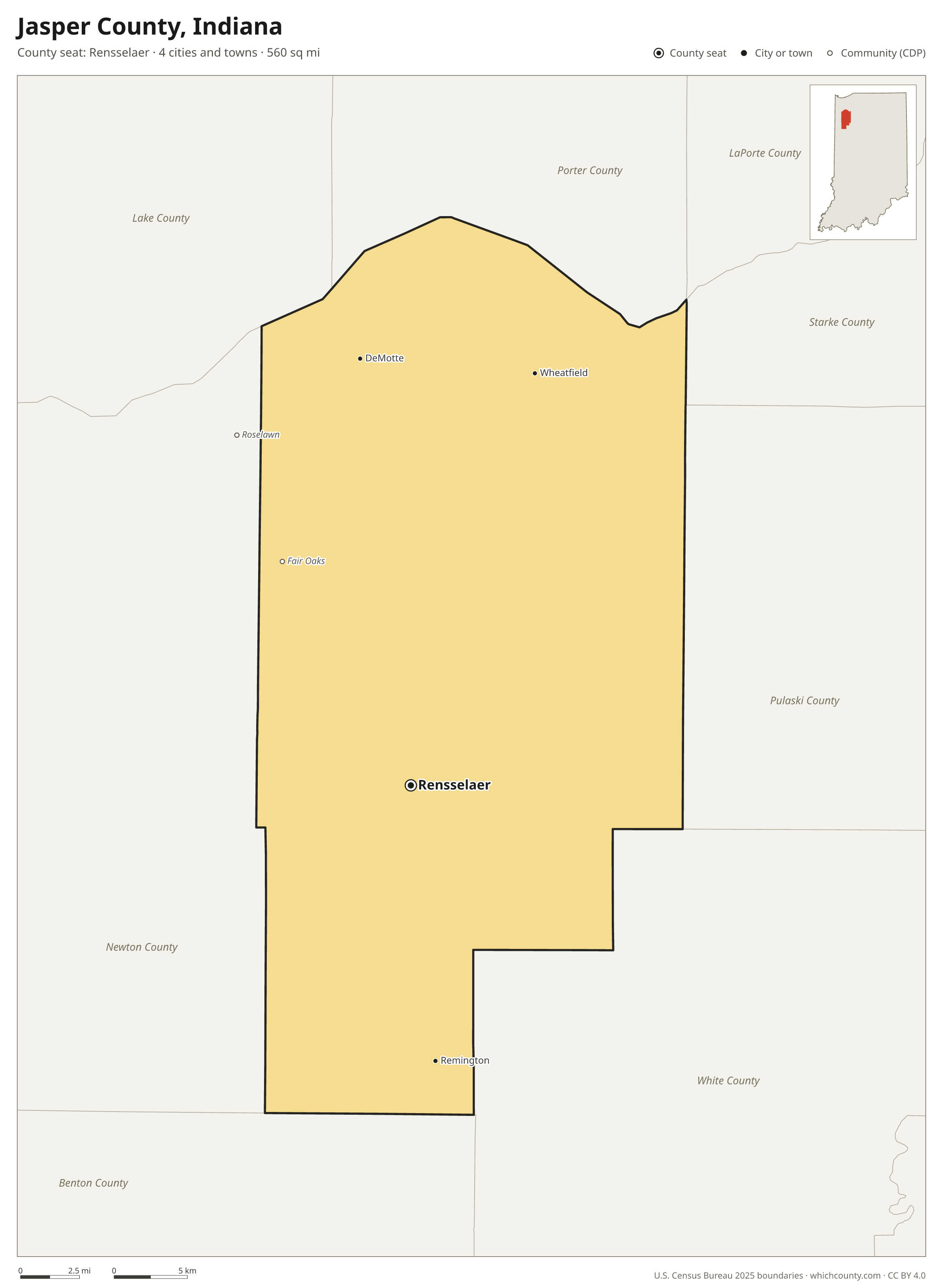 Map of Jasper County, Indiana with cities, towns and the county boundary