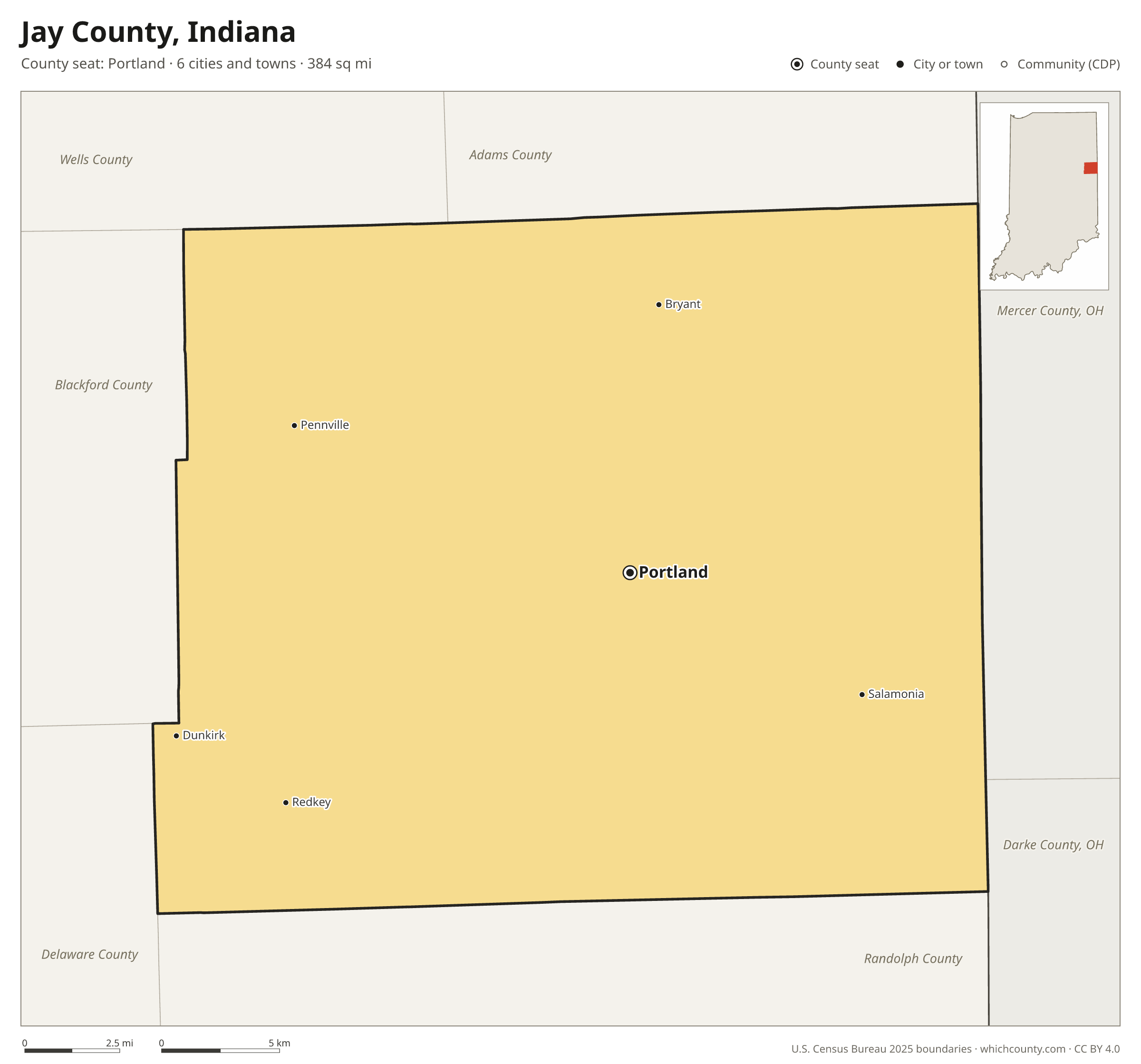 Map of Jay County, Indiana with cities, towns and the county boundary