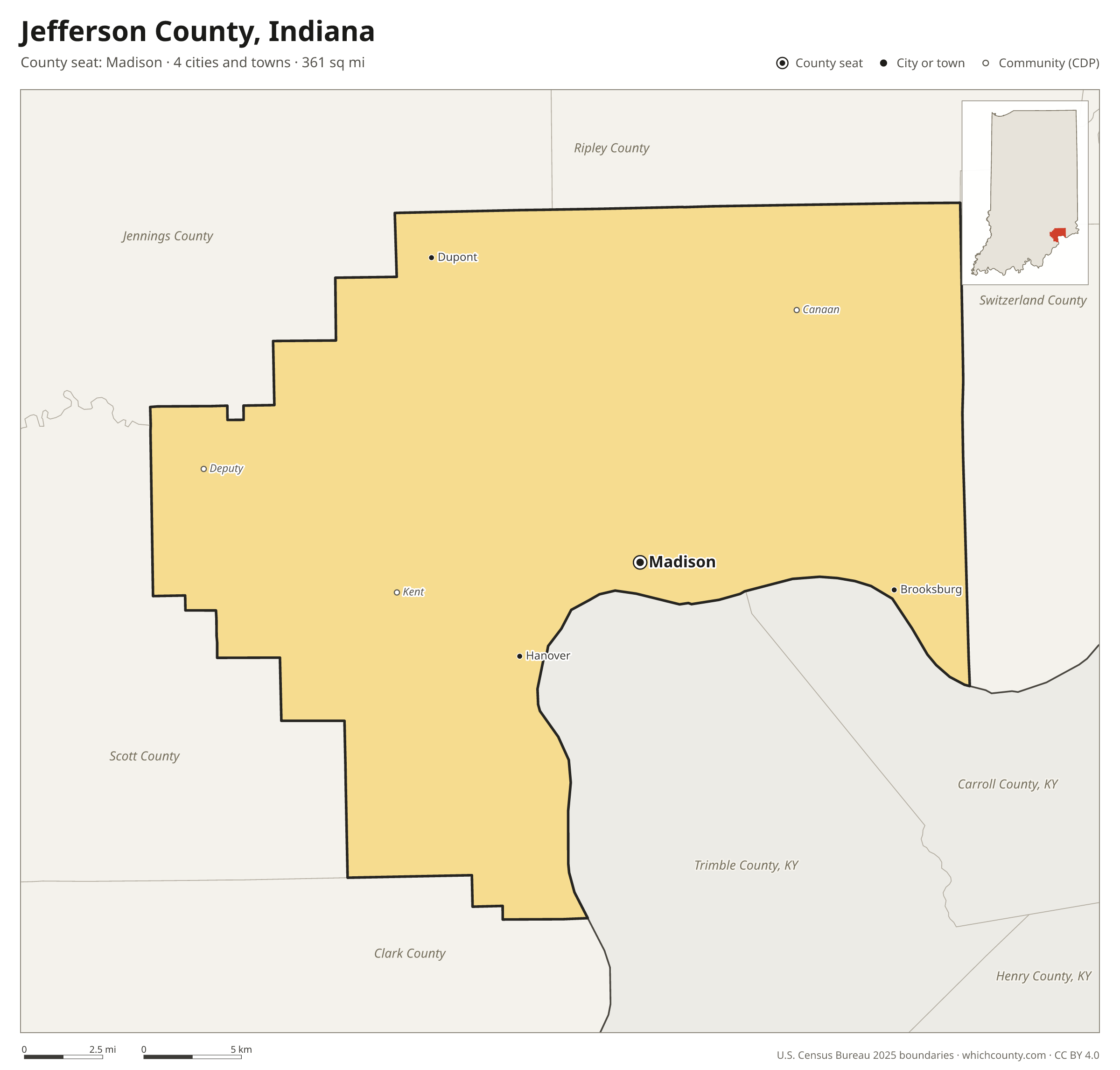 Map of Jefferson County, Indiana with cities, towns and the county boundary