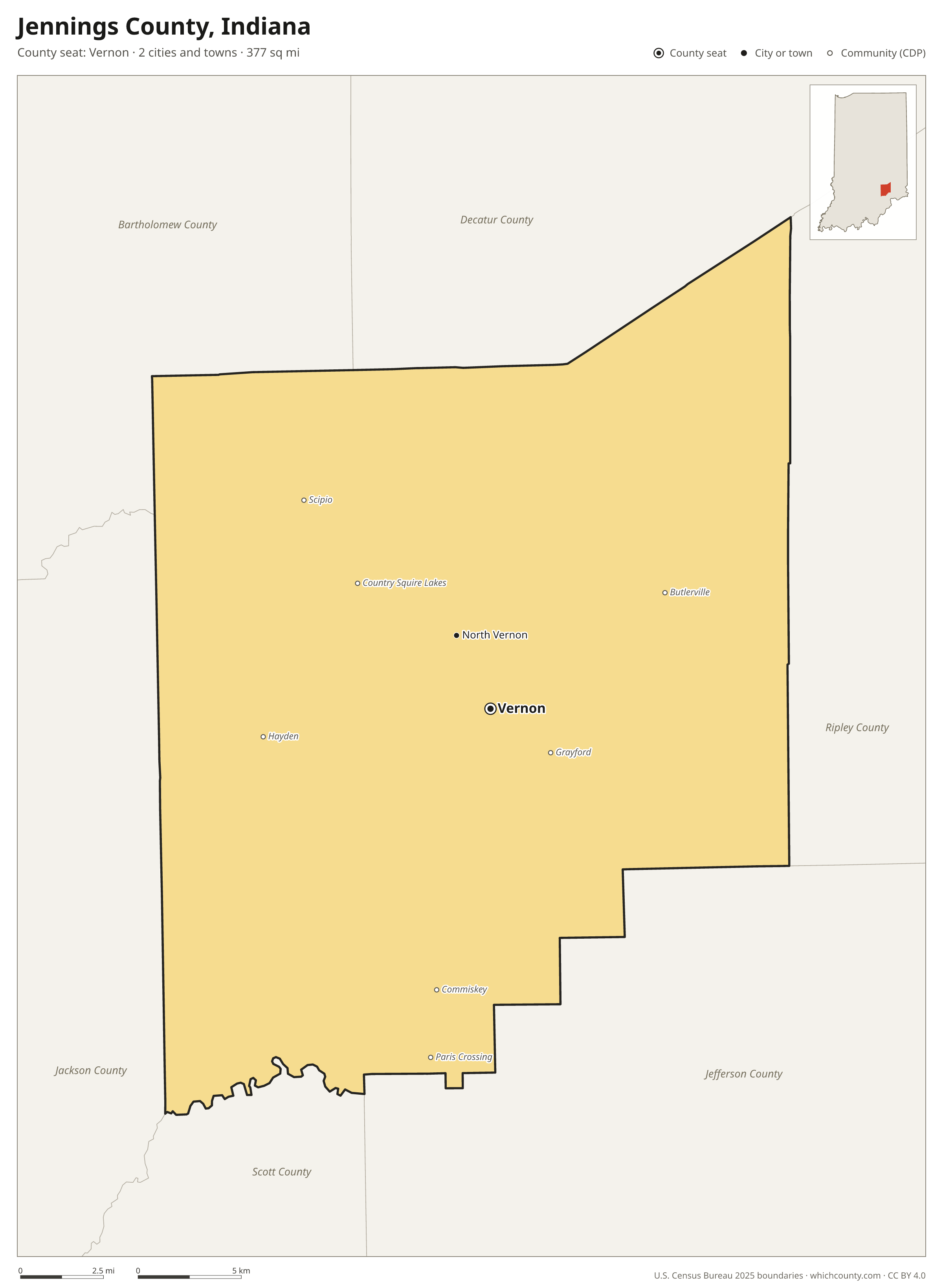 Map of Jennings County, Indiana with cities, towns and the county boundary