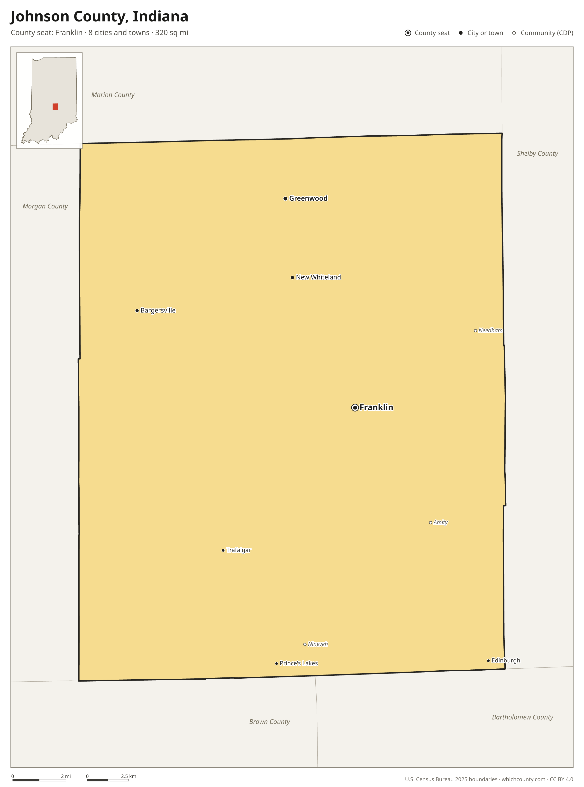 Map of Johnson County, Indiana with cities, towns and the county boundary