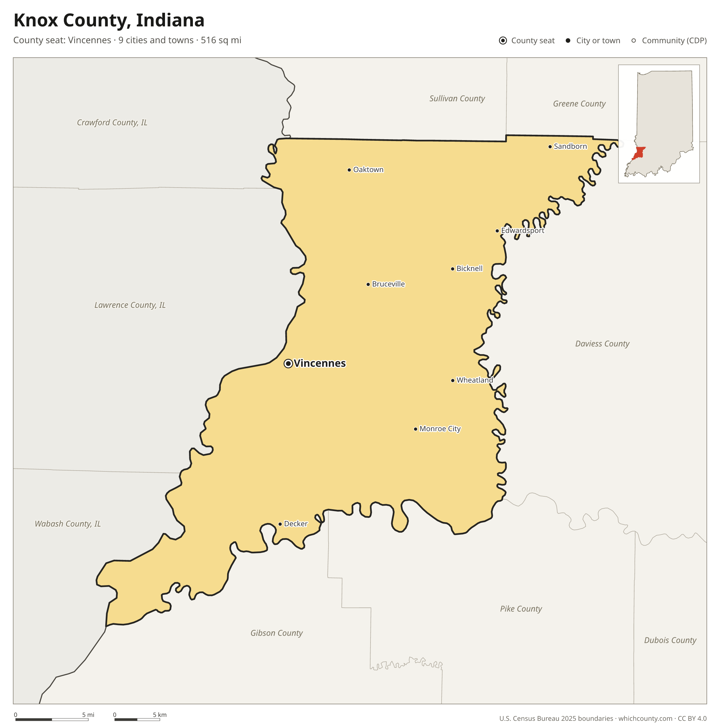 Map of Knox County, Indiana with cities, towns and the county boundary