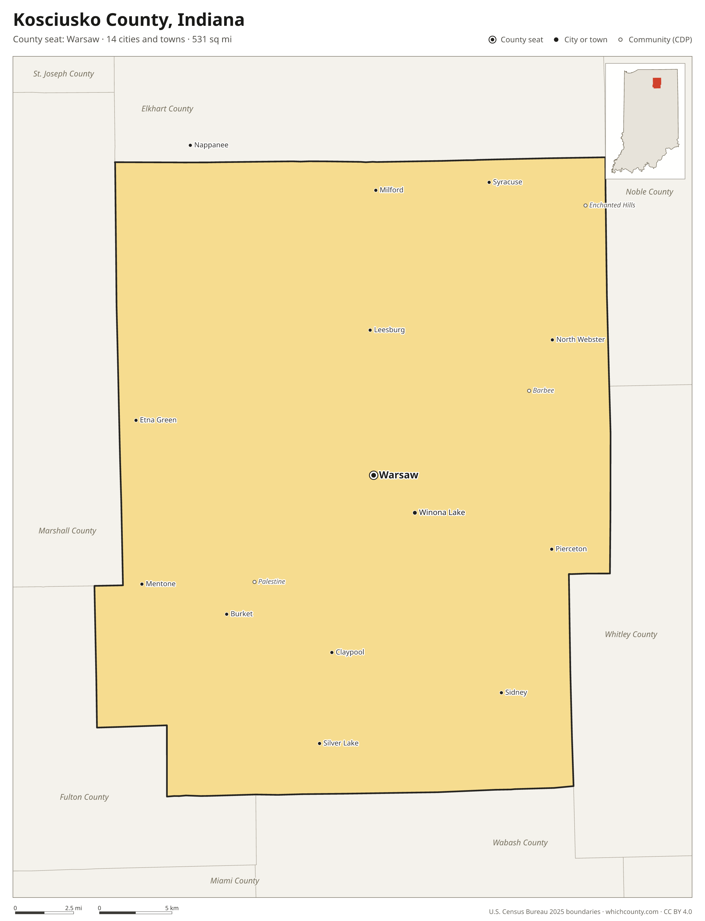 Map of Kosciusko County, Indiana with cities, towns and the county boundary