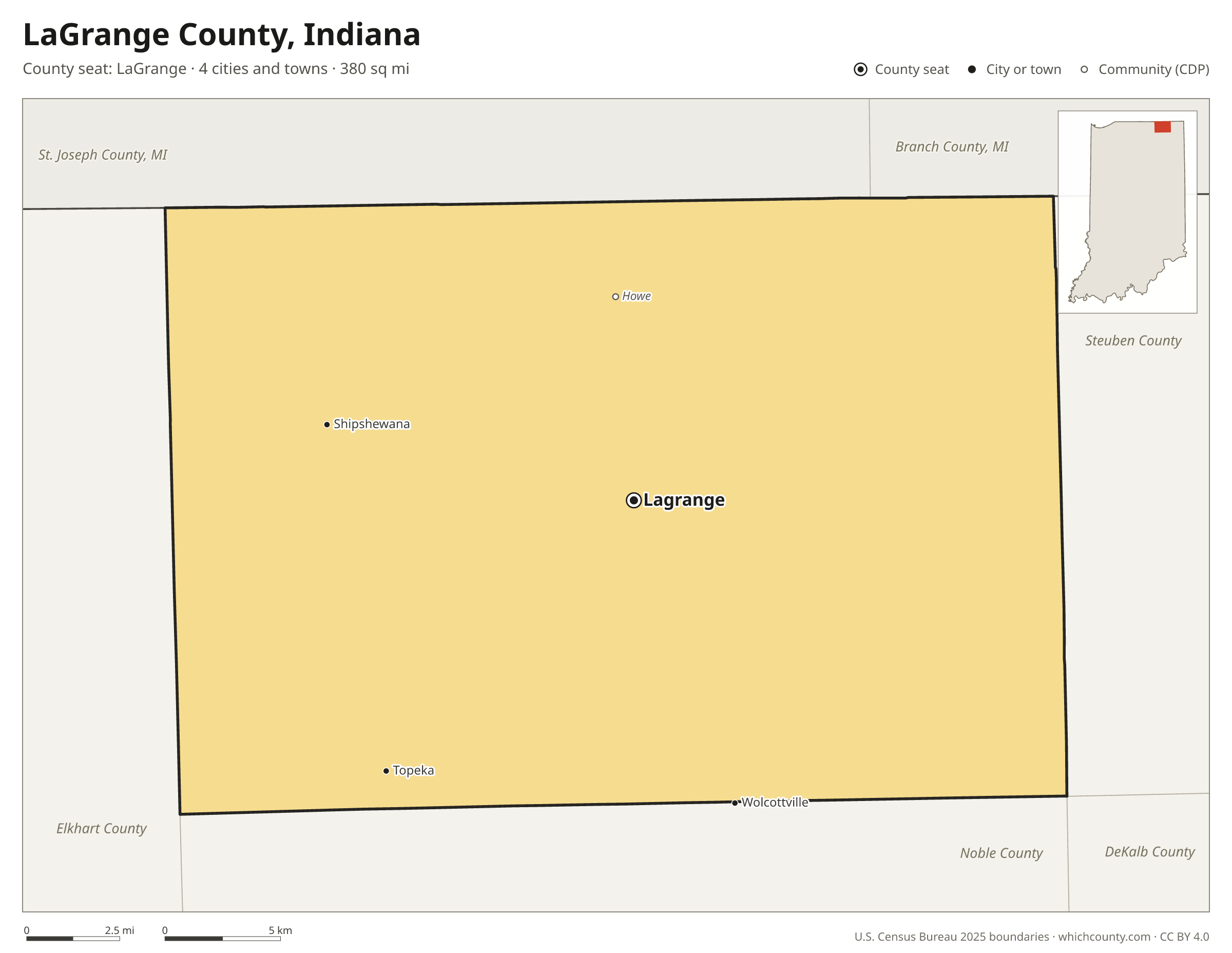 Map of LaGrange County, Indiana with cities, towns and the county boundary