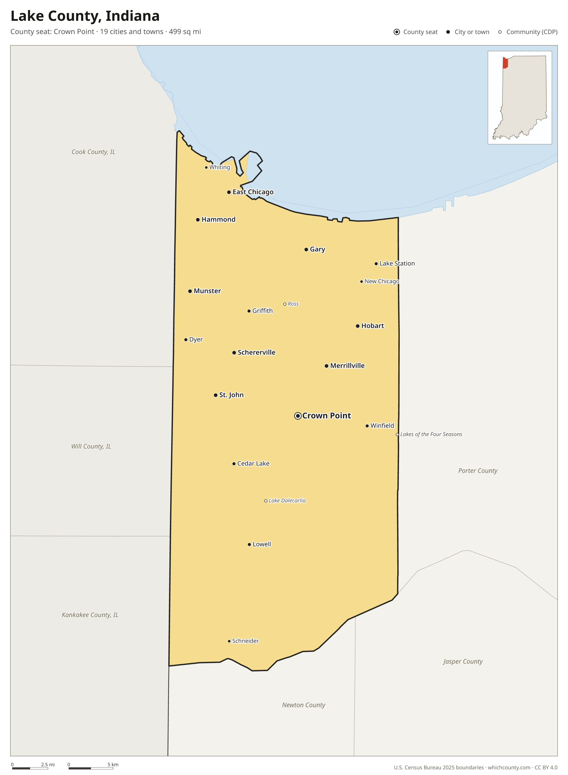 Map of Lake County, Indiana with cities, towns and the county boundary