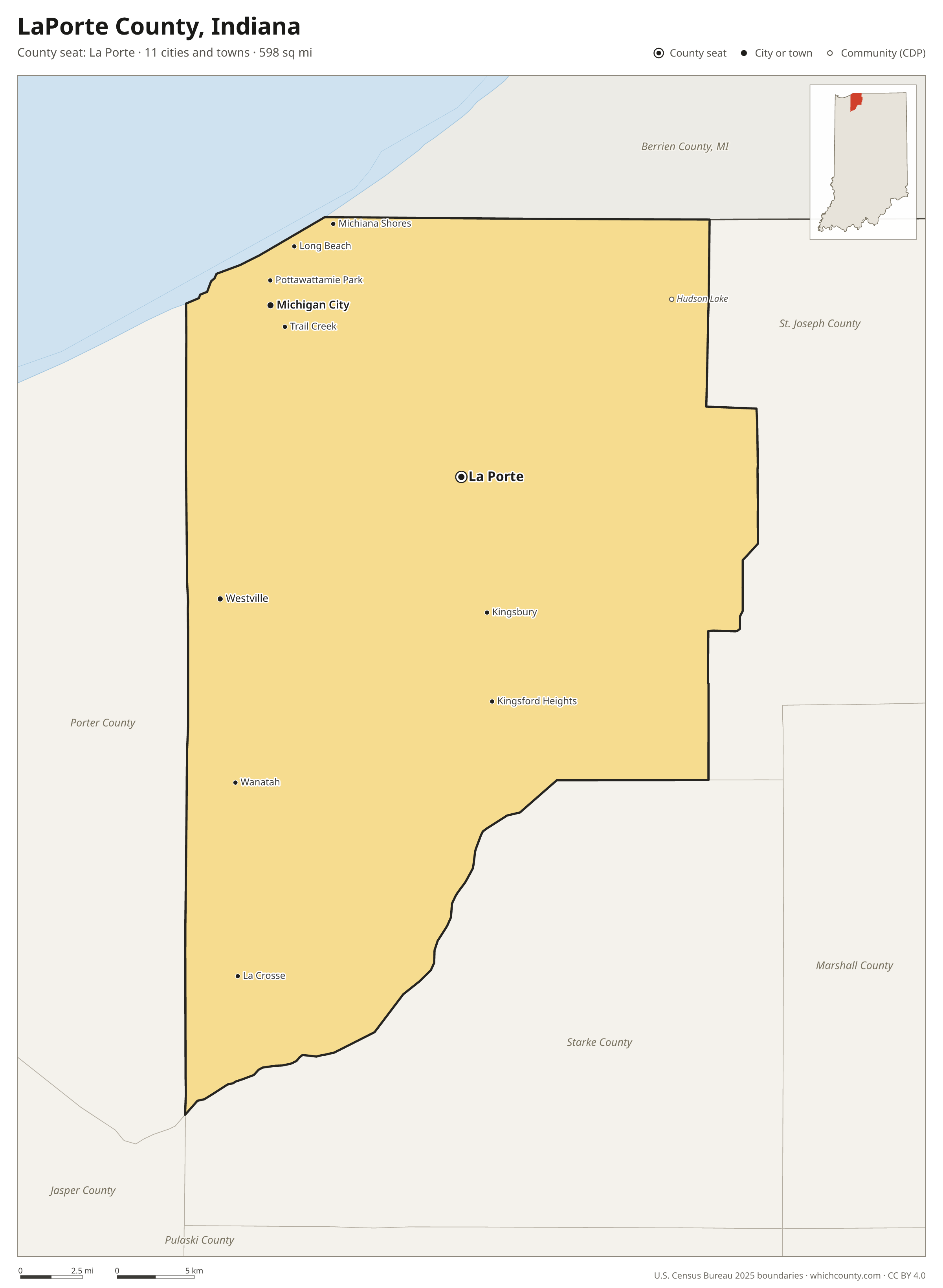 Map of LaPorte County, Indiana with cities, towns and the county boundary