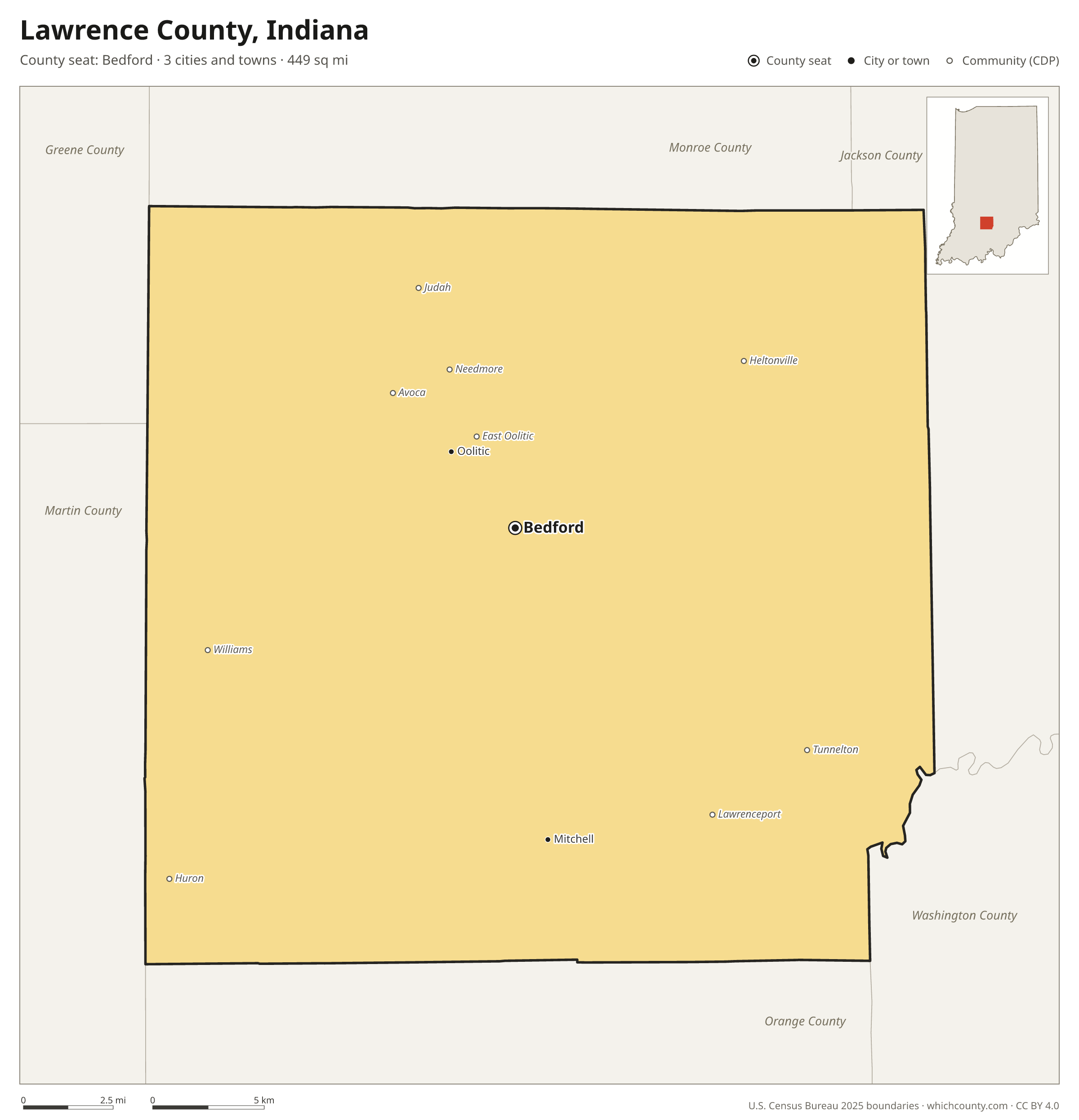 Map of Lawrence County, Indiana with cities, towns and the county boundary