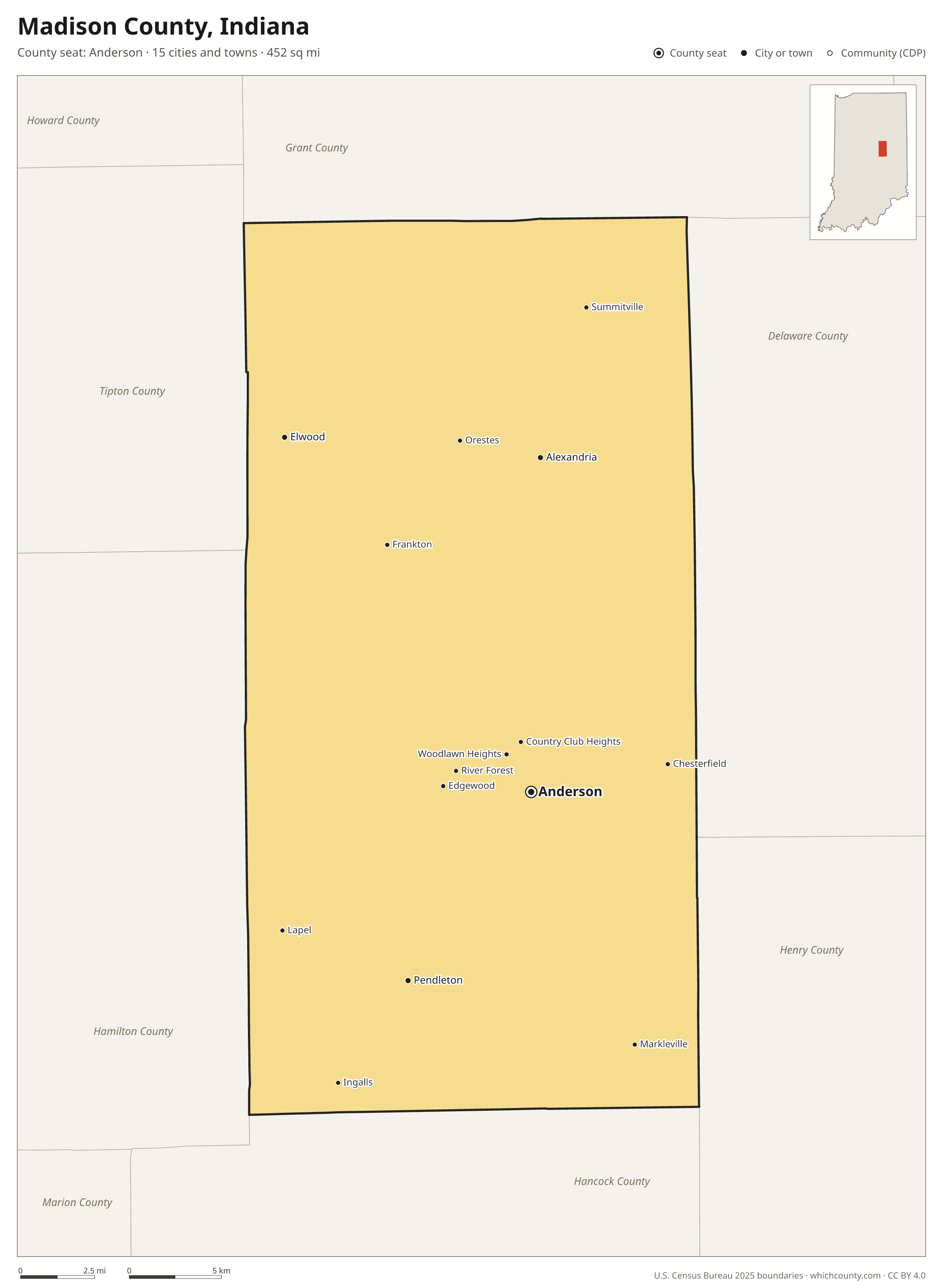 Map of Madison County, Indiana with cities, towns and the county boundary