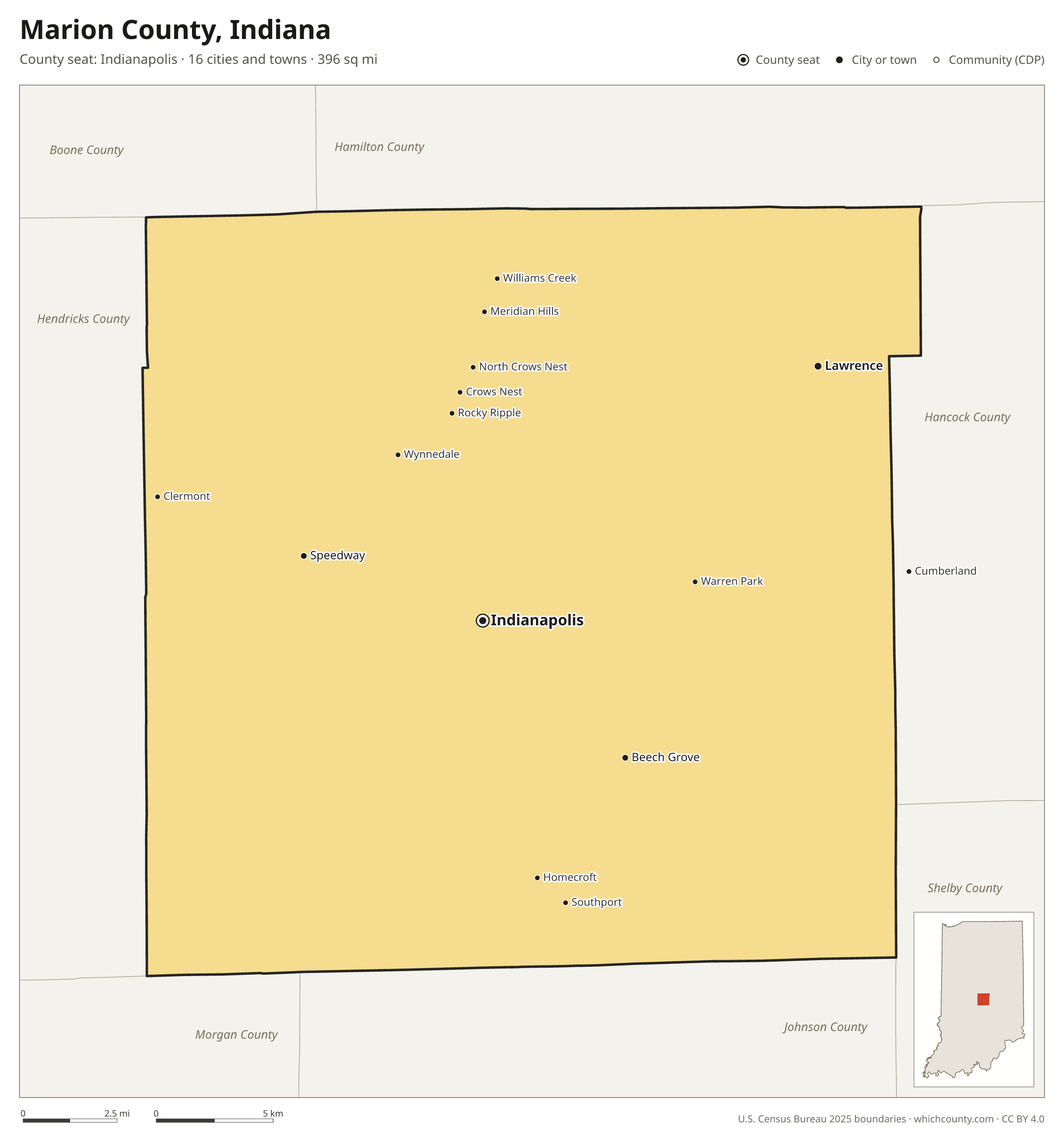 Map of Marion County, Indiana with cities, towns and the county boundary