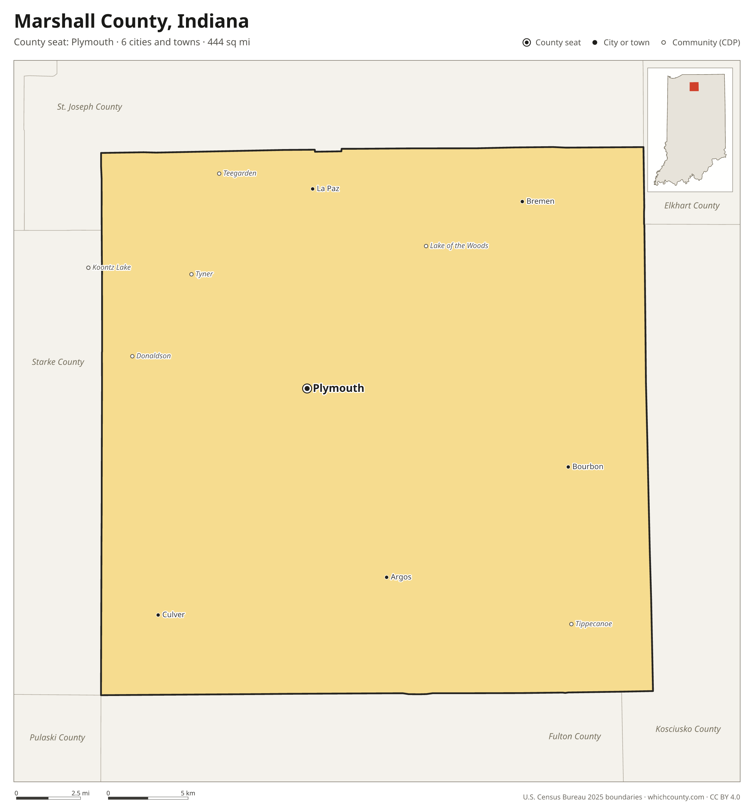 Map of Marshall County, Indiana with cities, towns and the county boundary