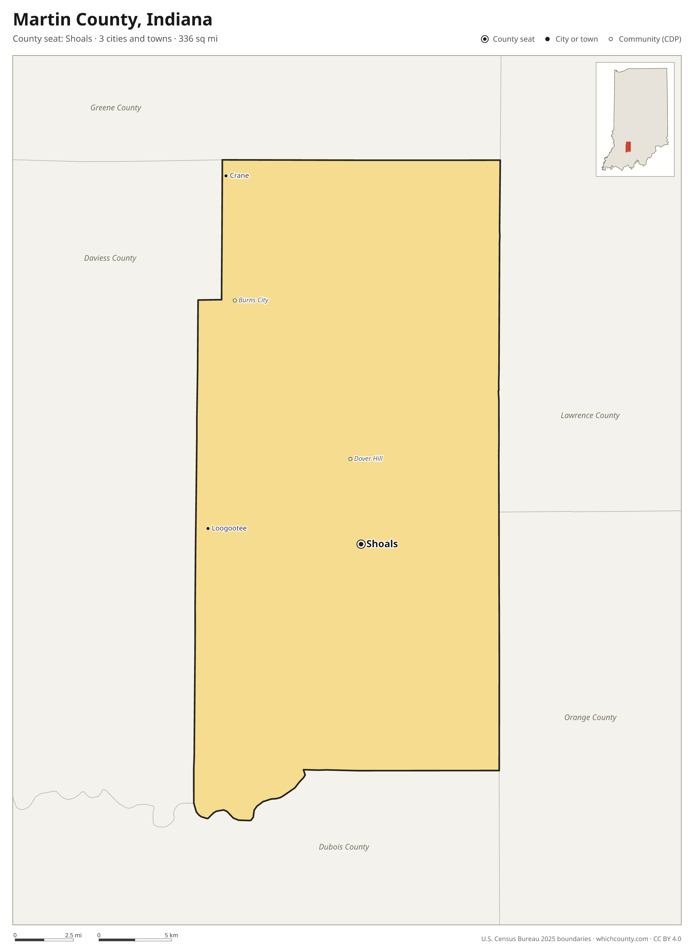 Map of Martin County, Indiana with cities, towns and the county boundary