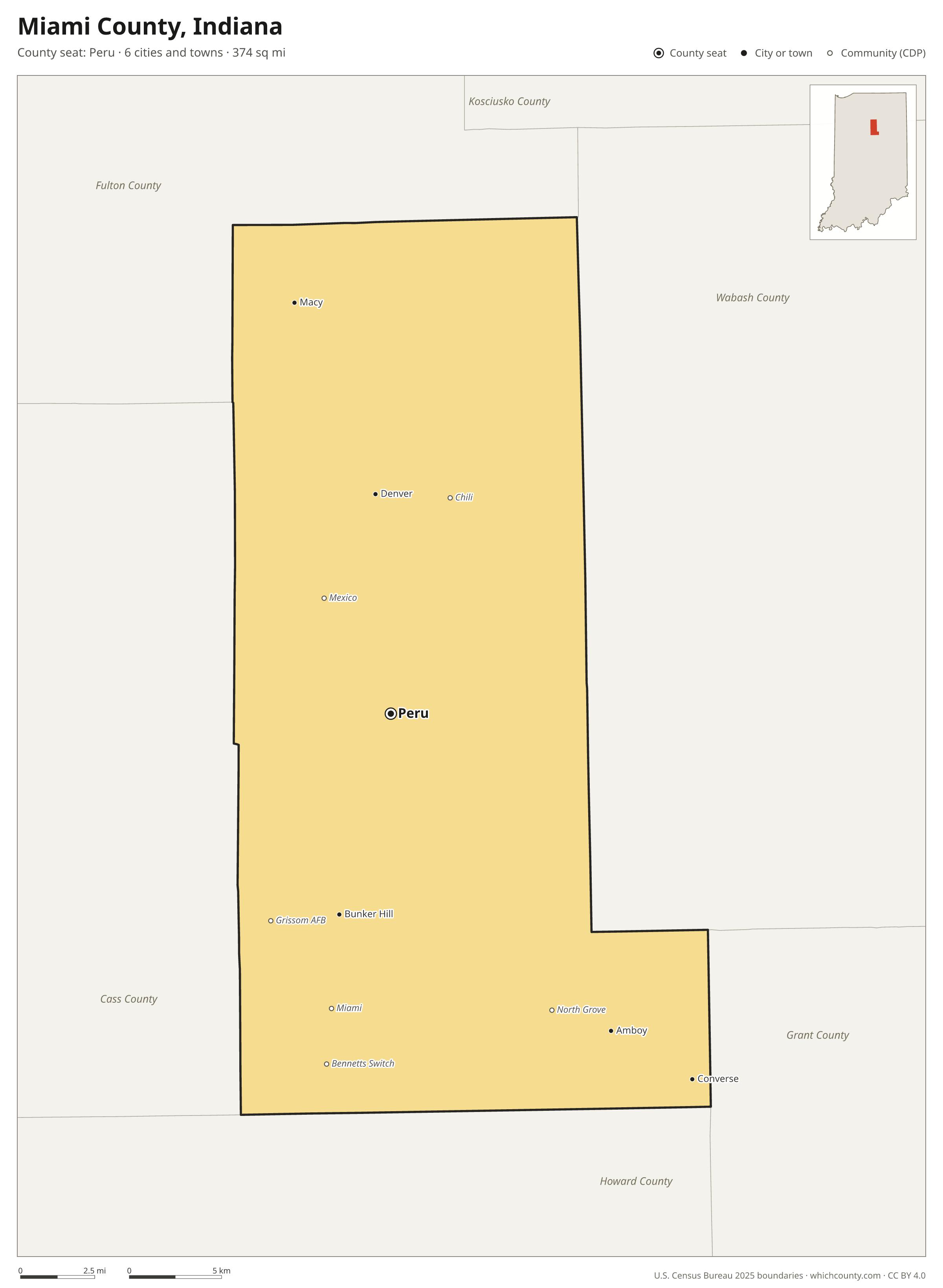 Map of Miami County, Indiana with cities, towns and the county boundary
