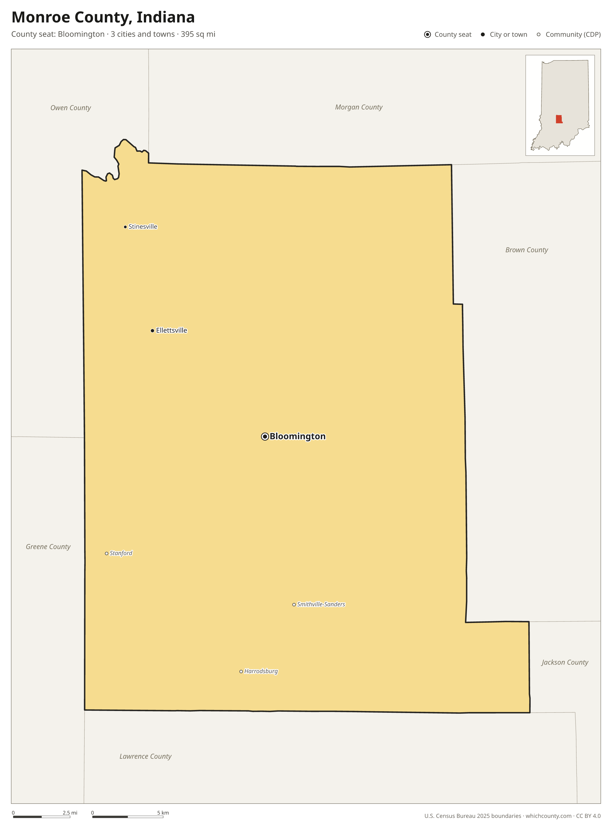 Map of Monroe County, Indiana with cities, towns and the county boundary