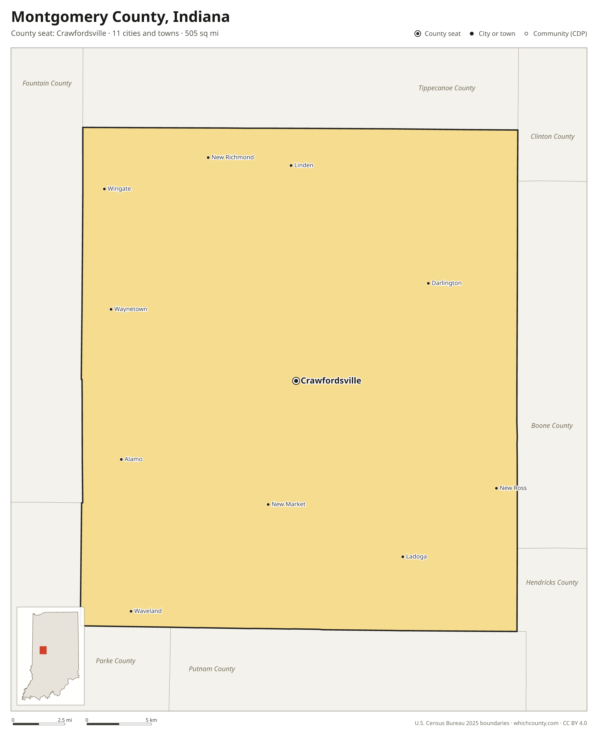 Map of Montgomery County, Indiana with cities, towns and the county boundary