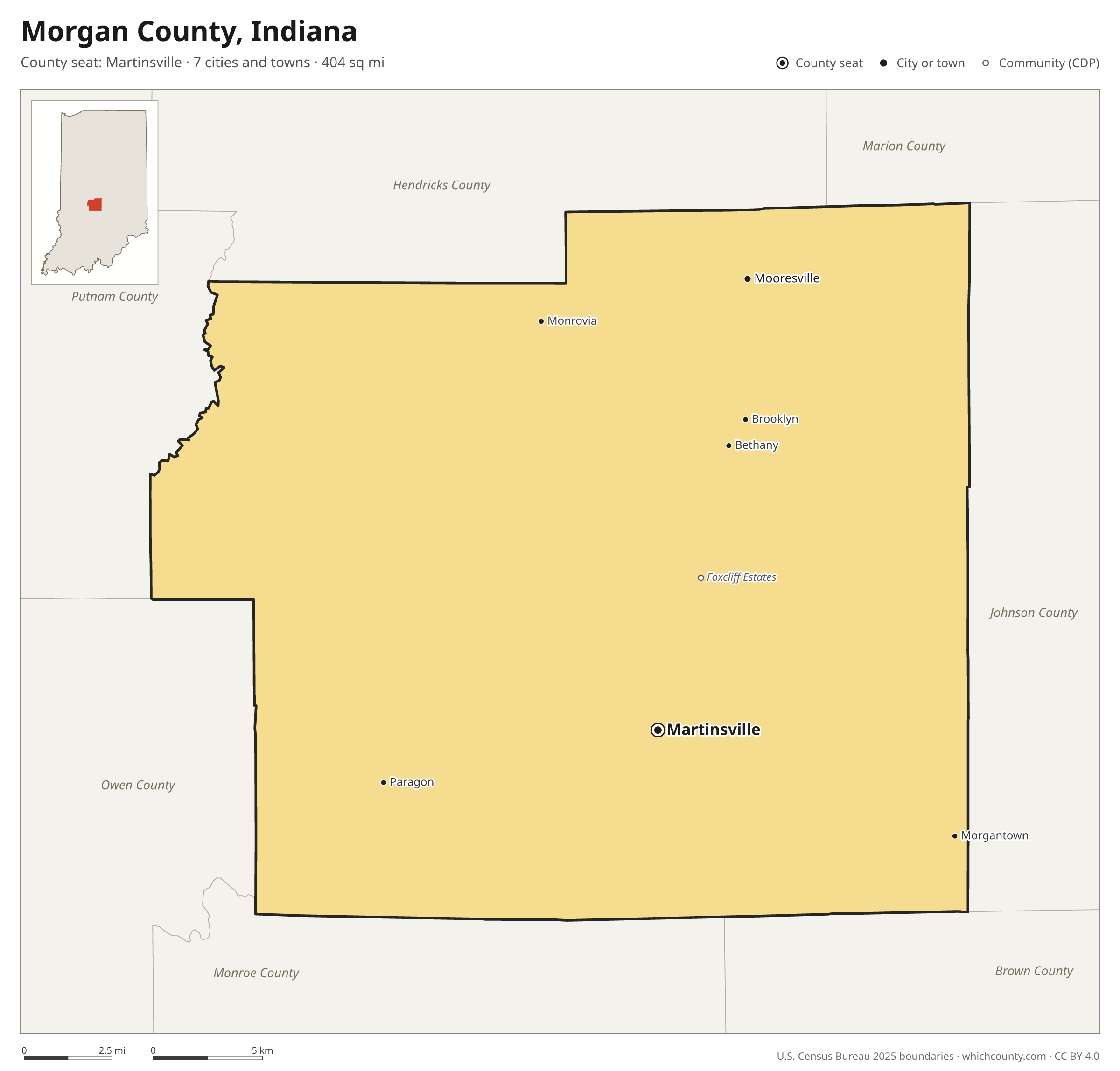 Map of Morgan County, Indiana with cities, towns and the county boundary
