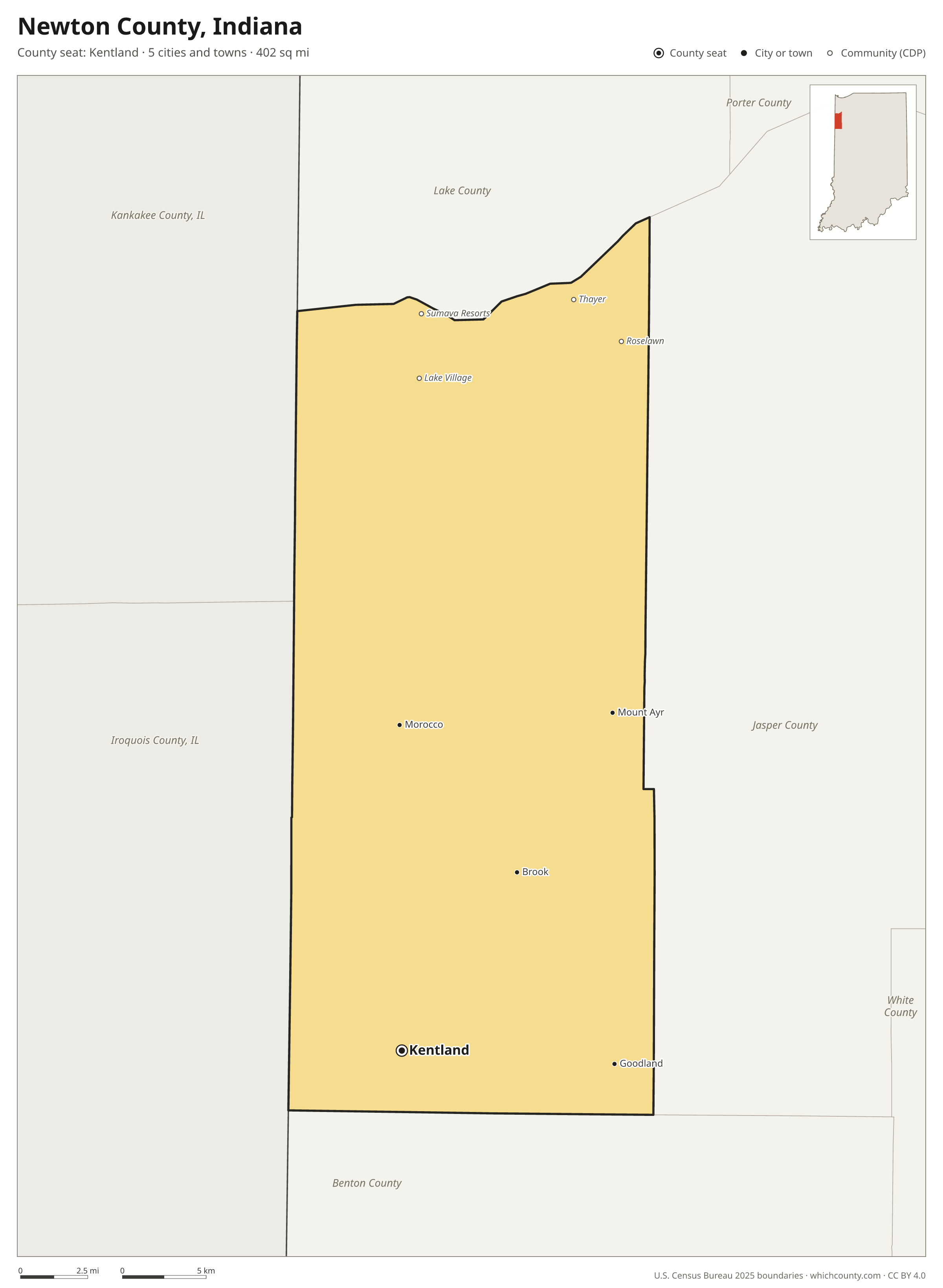 Map of Newton County, Indiana with cities, towns and the county boundary