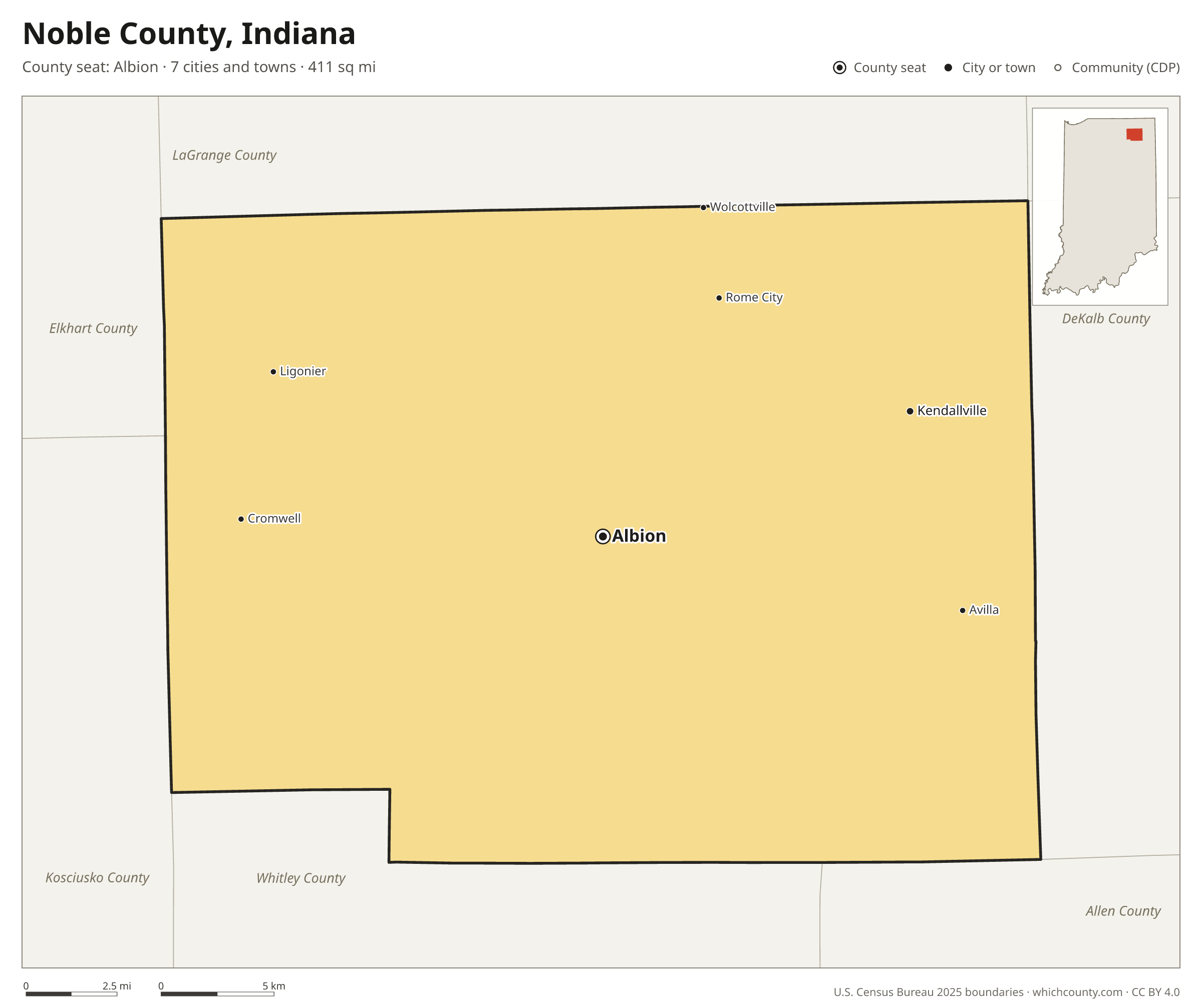 Map of Noble County, Indiana with cities, towns and the county boundary