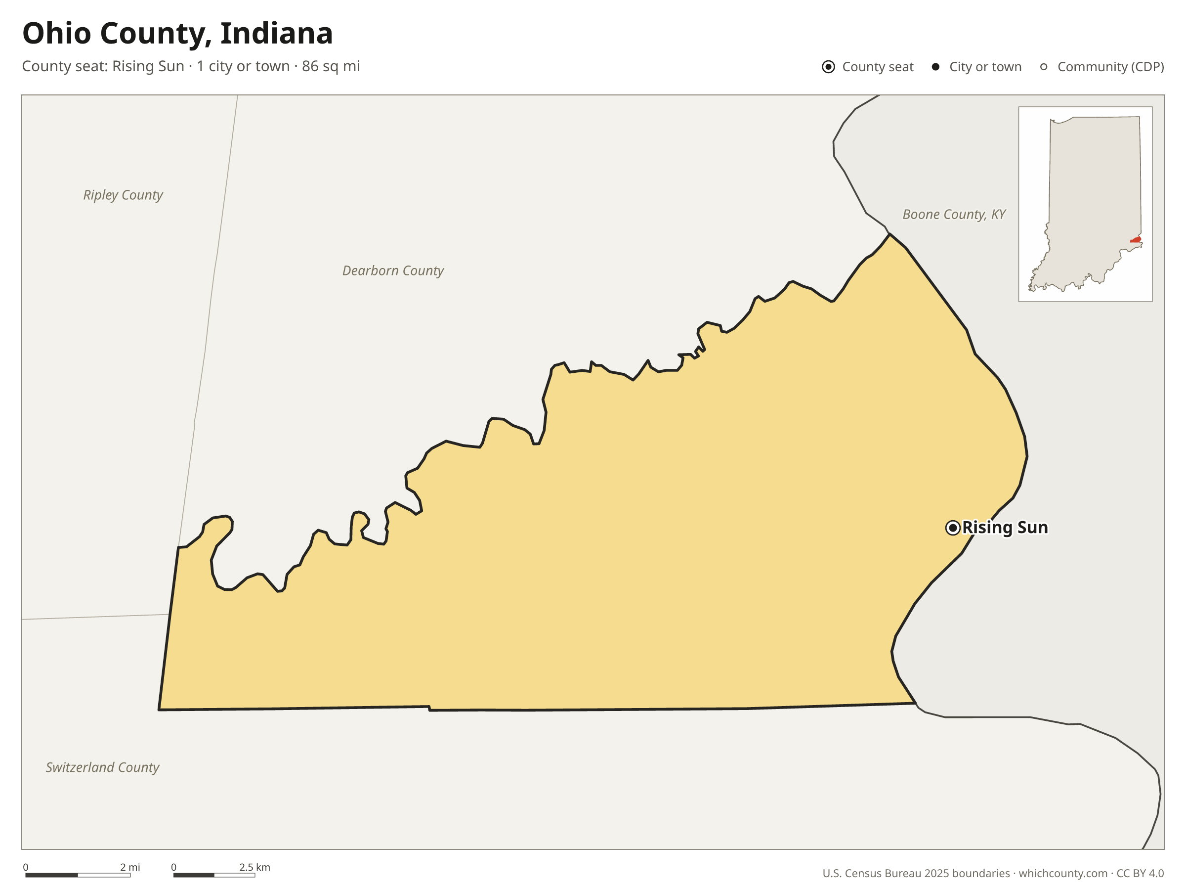 Map of Ohio County, Indiana with cities, towns and the county boundary