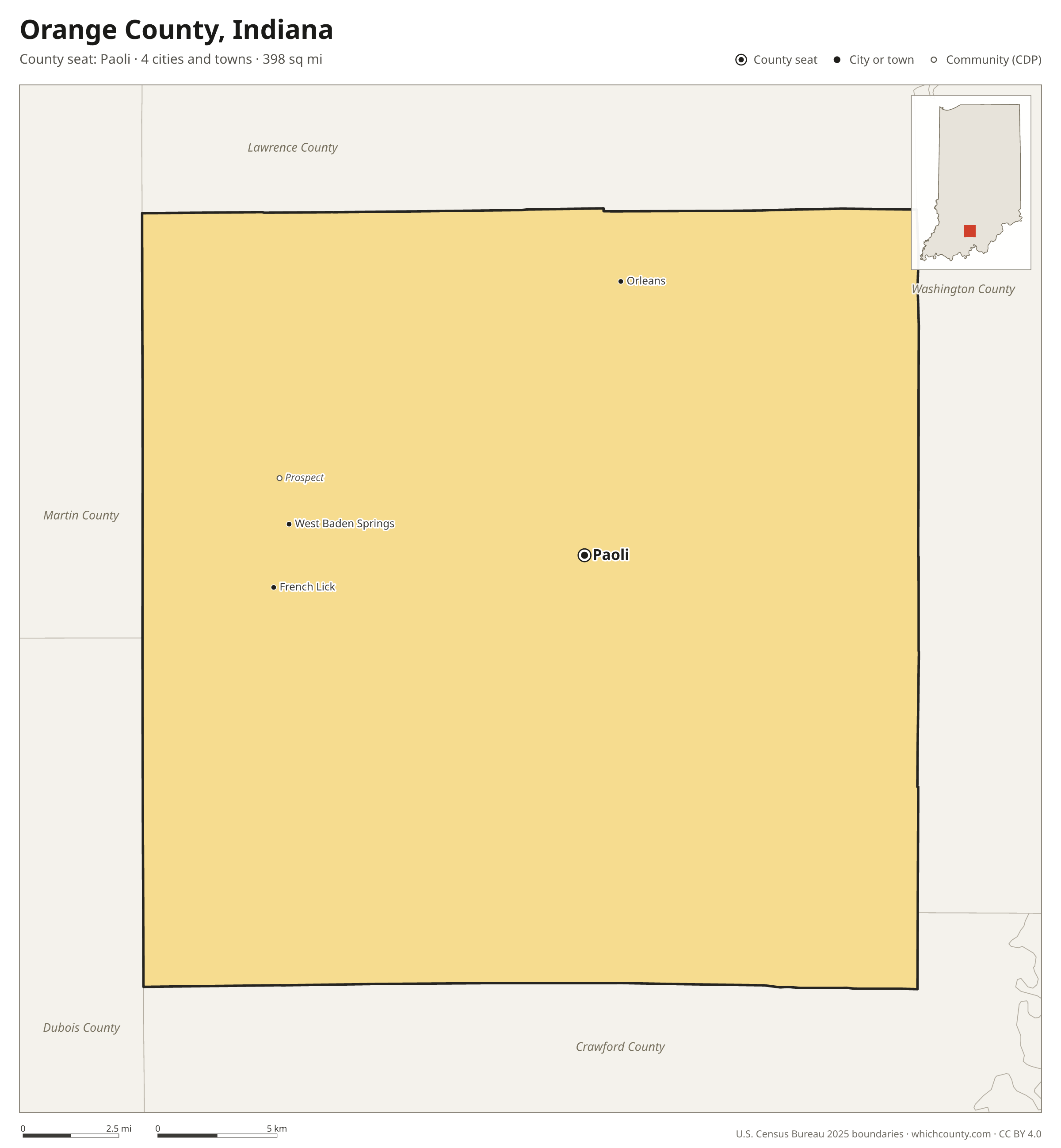 Map of Orange County, Indiana with cities, towns and the county boundary