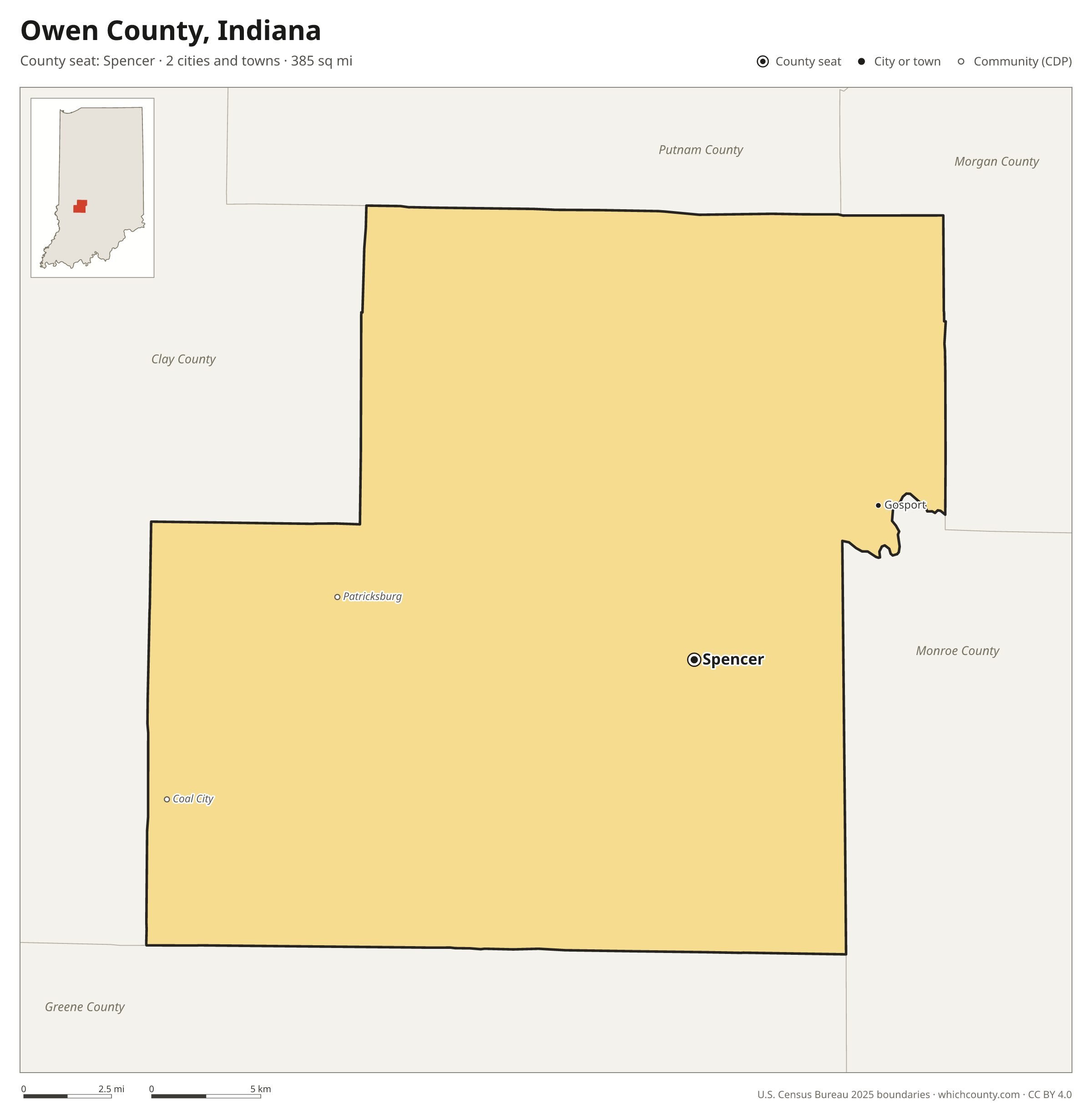 Map of Owen County, Indiana with cities, towns and the county boundary