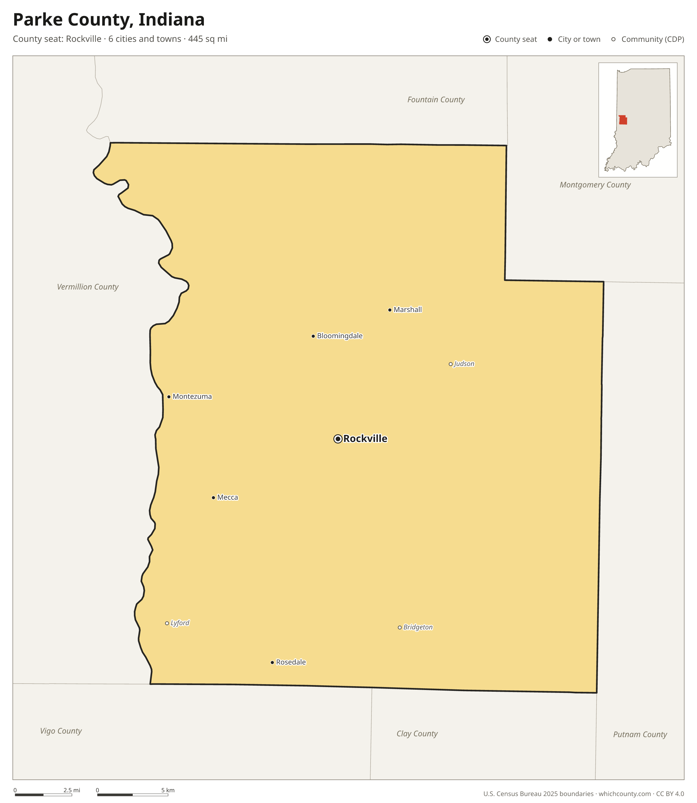 Map of Parke County, Indiana with cities, towns and the county boundary
