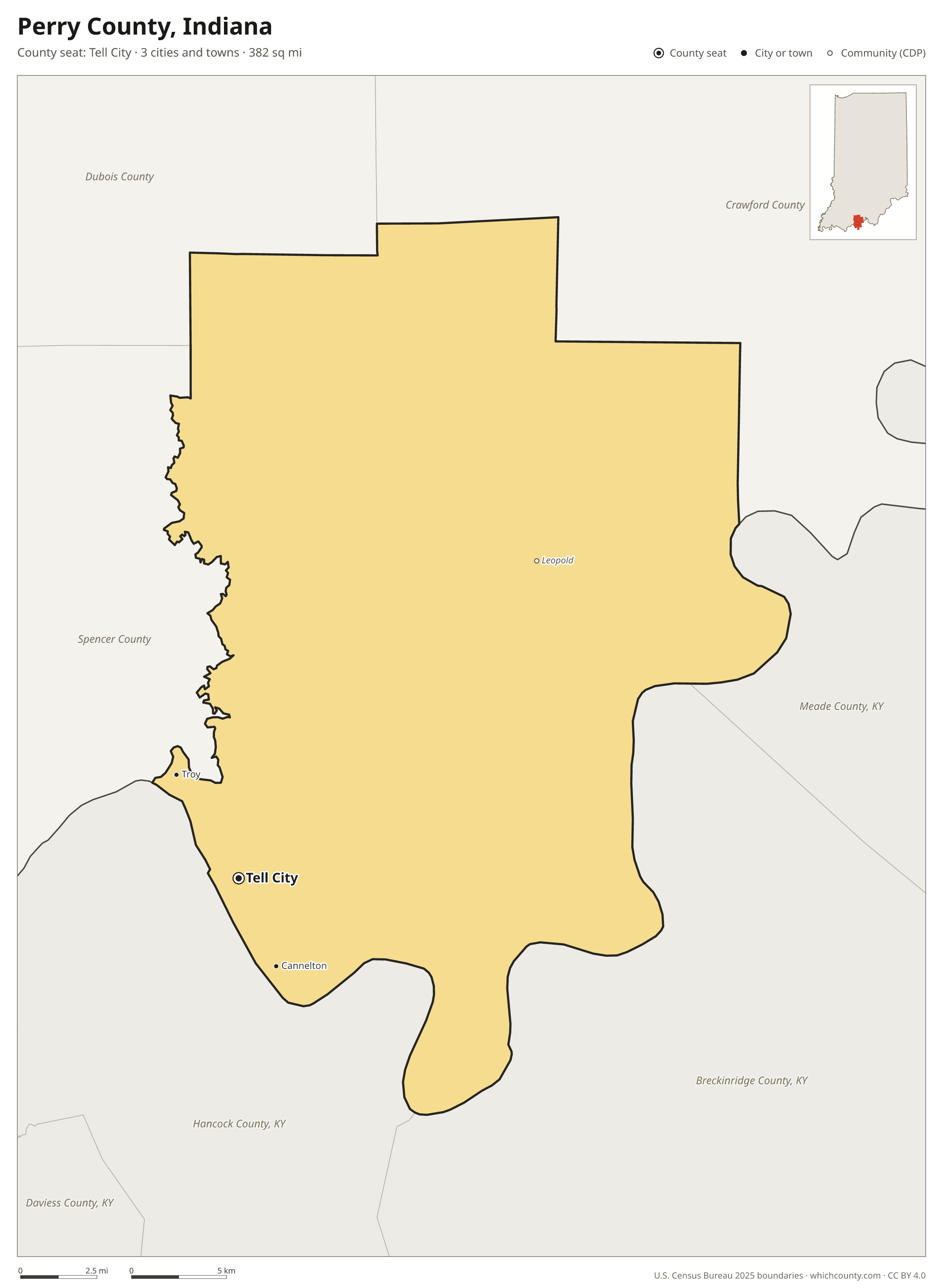 Map of Perry County, Indiana with cities, towns and the county boundary