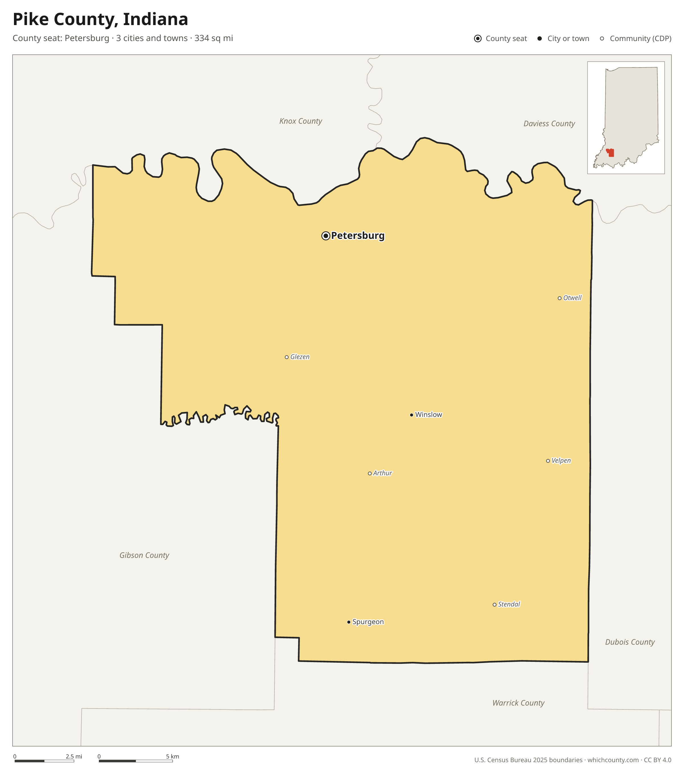 Map of Pike County, Indiana with cities, towns and the county boundary