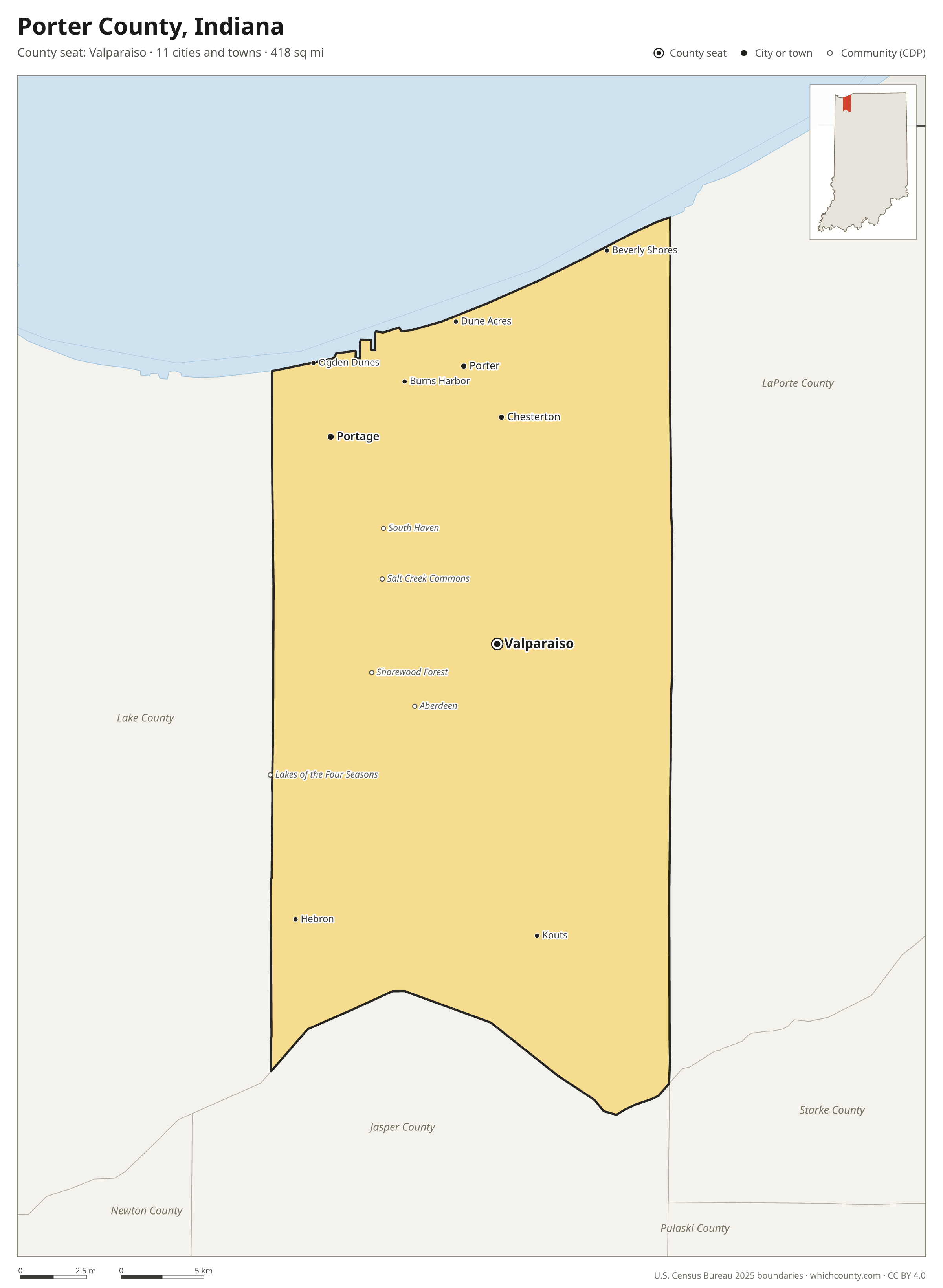 Map of Porter County, Indiana with cities, towns and the county boundary
