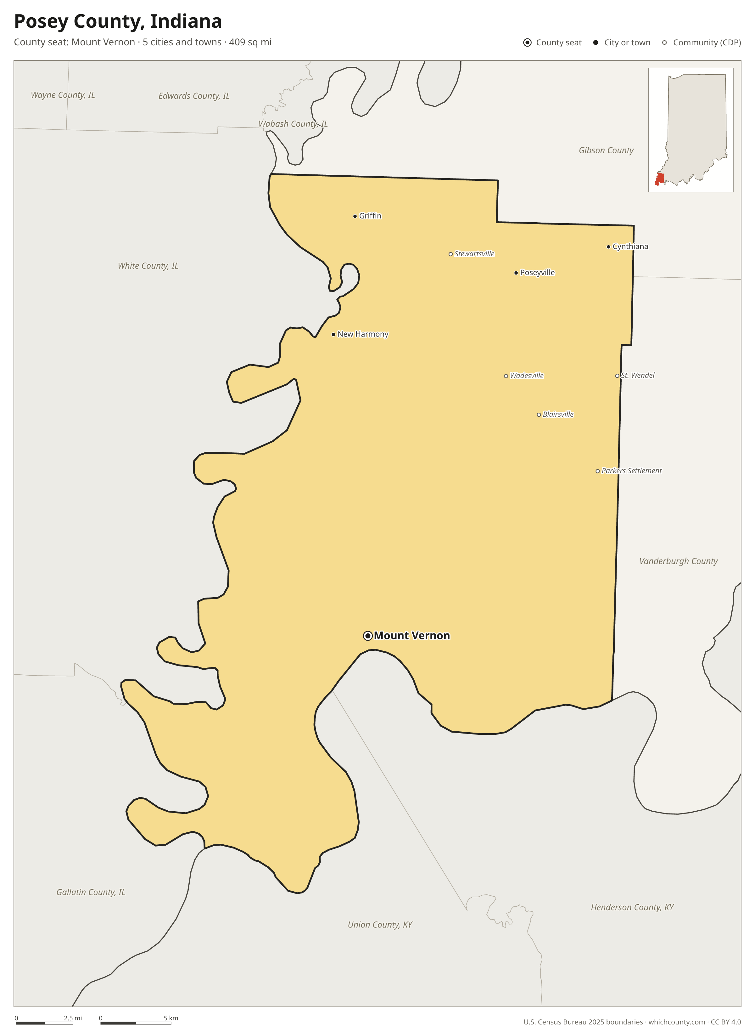 Map of Posey County, Indiana with cities, towns and the county boundary