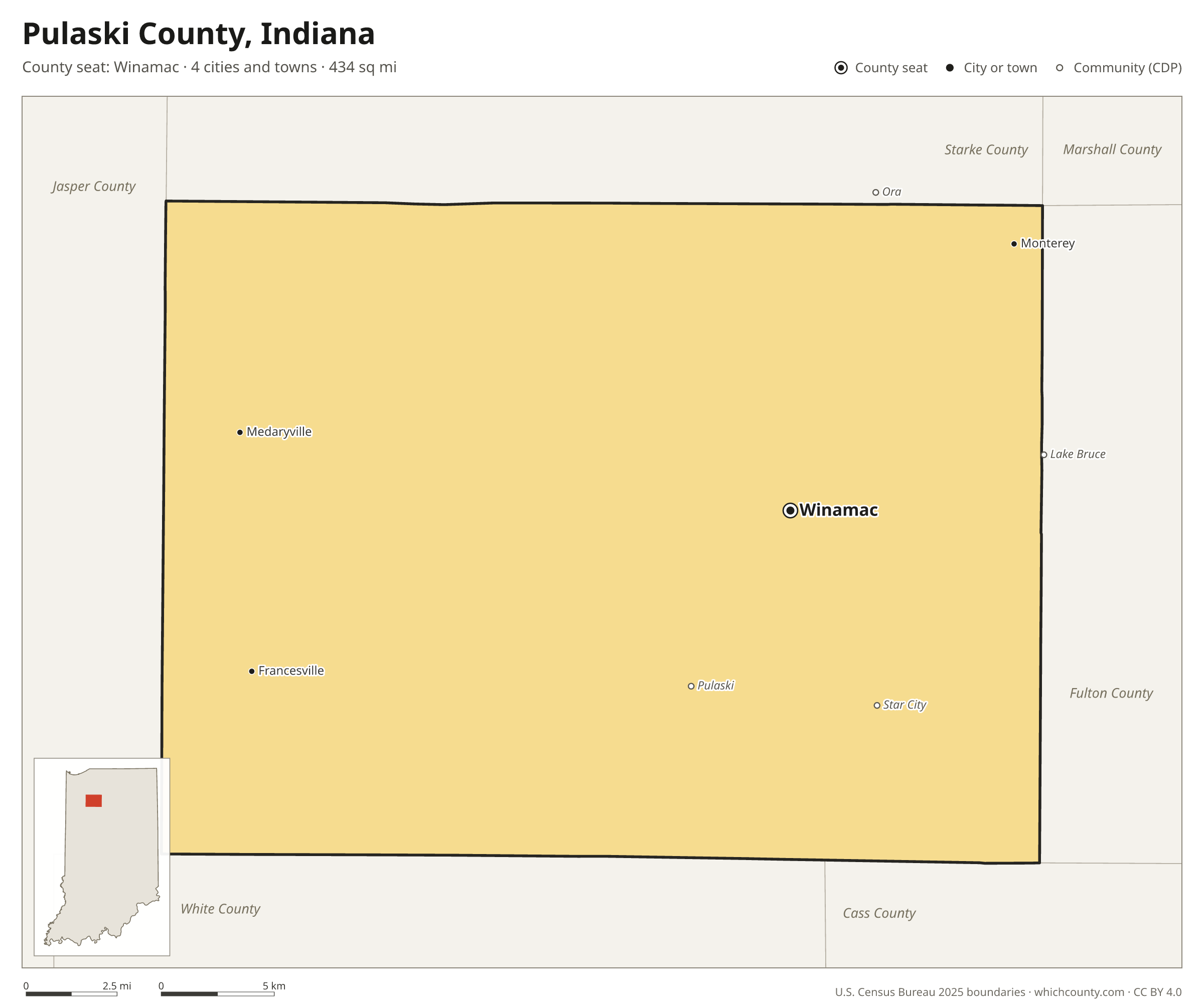 Map of Pulaski County, Indiana with cities, towns and the county boundary